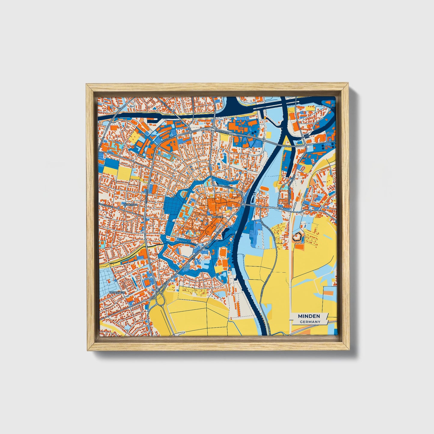Minden Germany Colorful City Map Canvas Print • Natural Wooden Framed