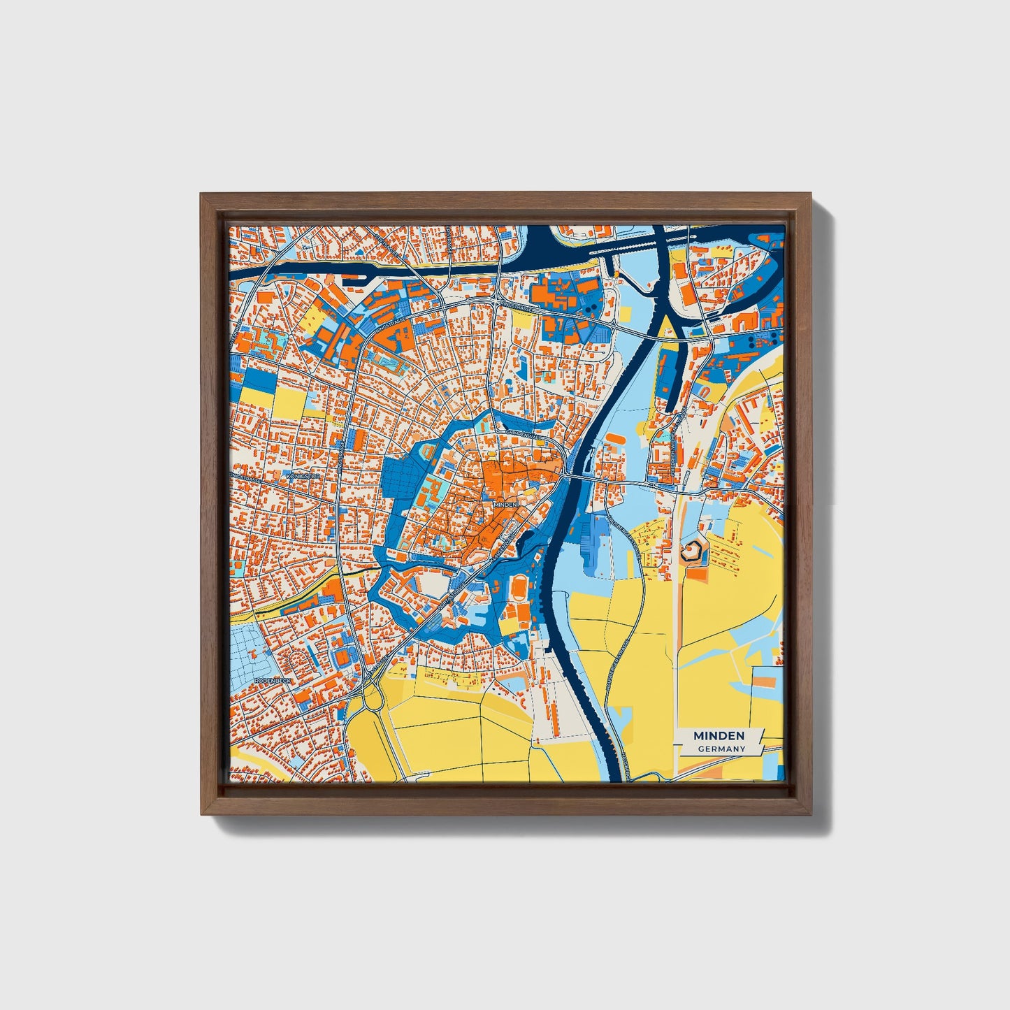 Minden Germany Colorful City Map Canvas Print • Dark Wooden Framed