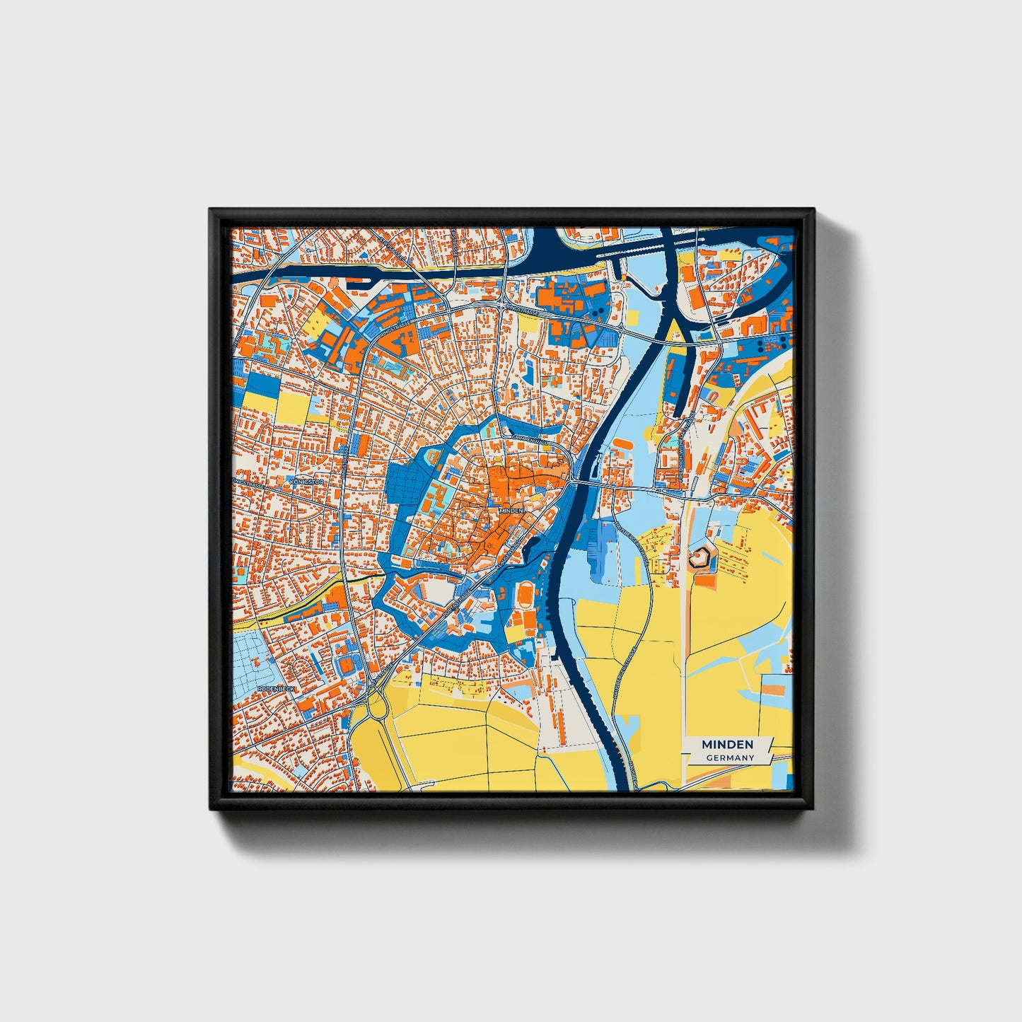 Minden Germany Colorful City Map Canvas Print • Black Framed