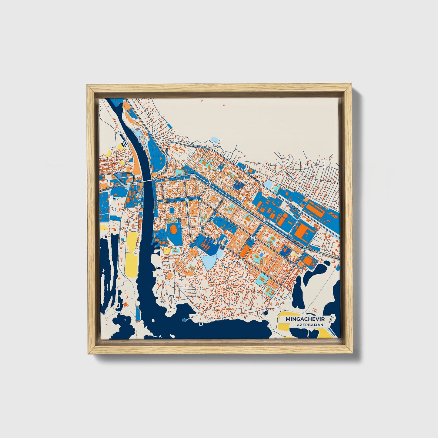Mingachevir Azerbaijan Colorful City Map Canvas Print • Natural Wooden Framed