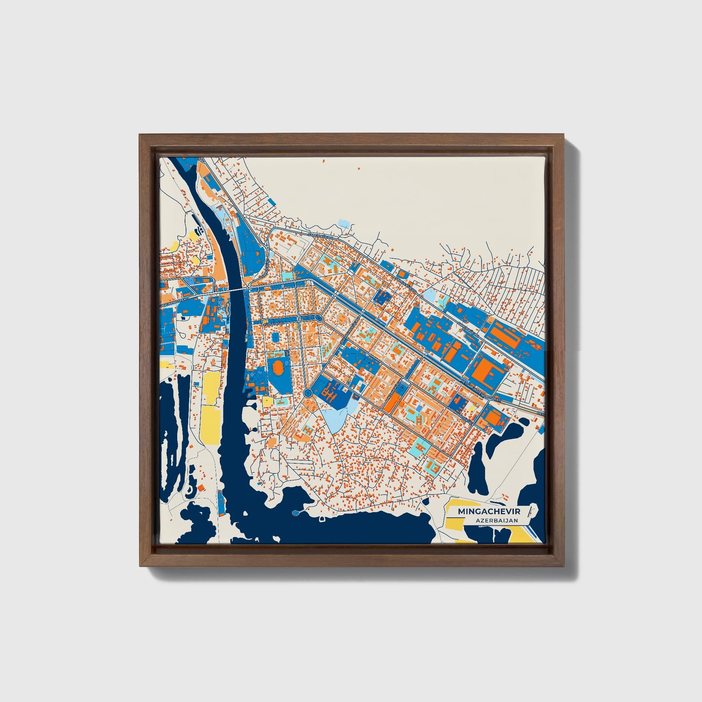 Mingachevir Azerbaijan Colorful City Map Canvas Print • Dark Wooden Framed