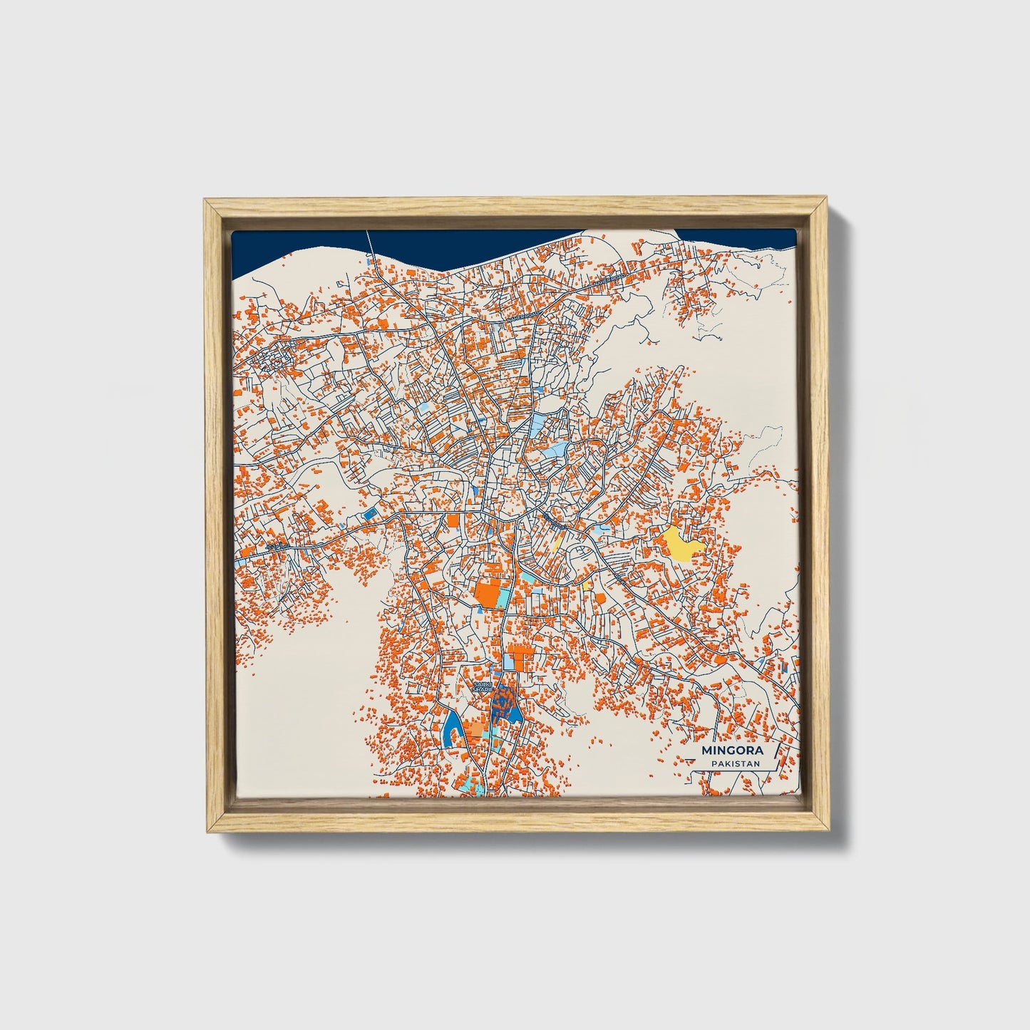 Mingora Pakistan Colorful City Map Canvas Print • Natural Wooden Framed