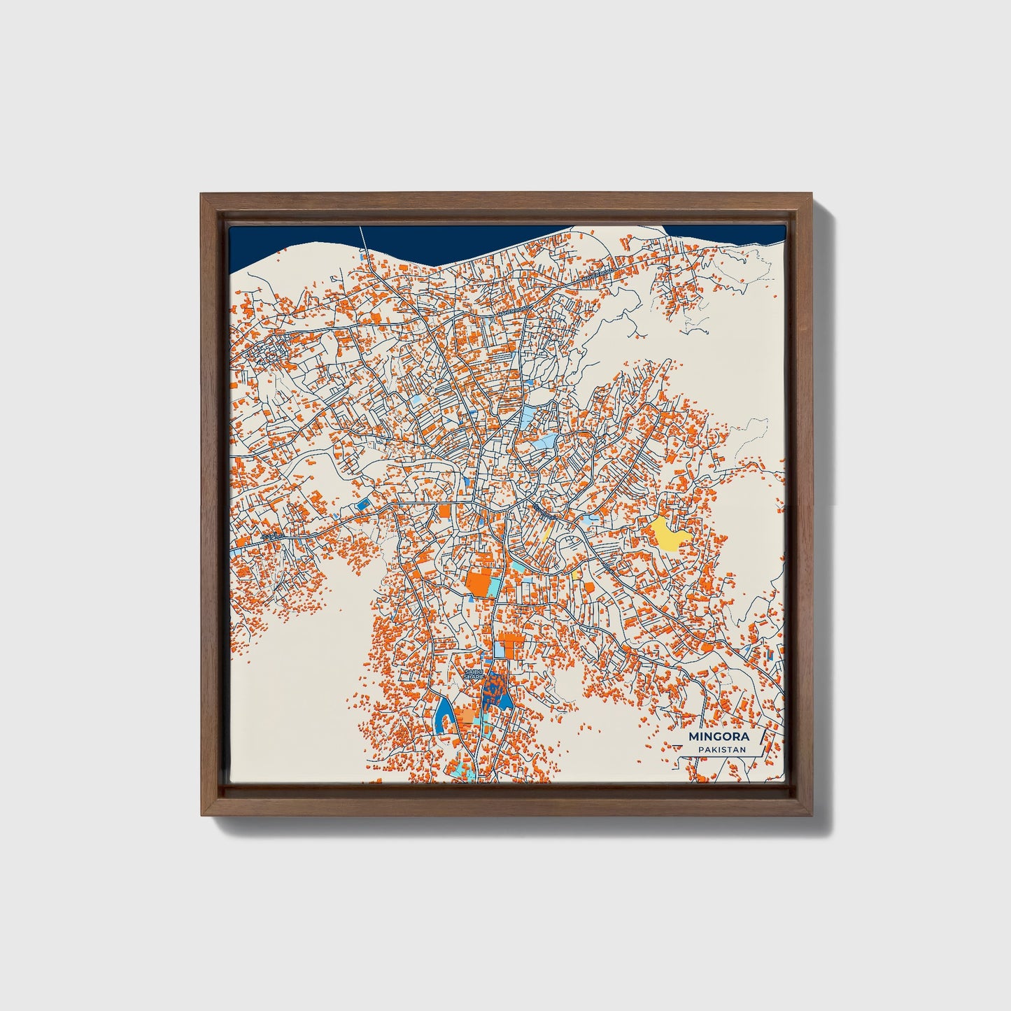 Mingora Pakistan Colorful City Map Canvas Print • Dark Wooden Framed