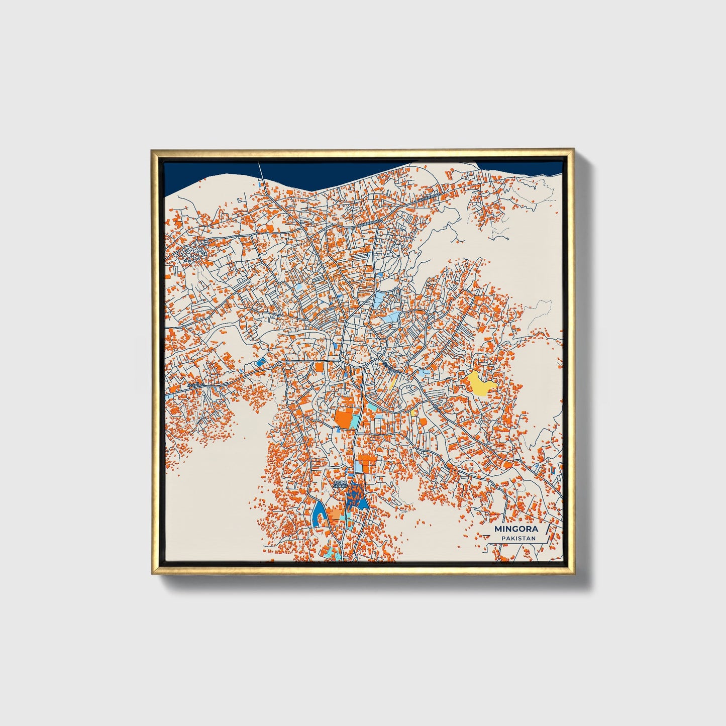 Mingora Pakistan Colorful City Map Canvas Print • Gold Framed