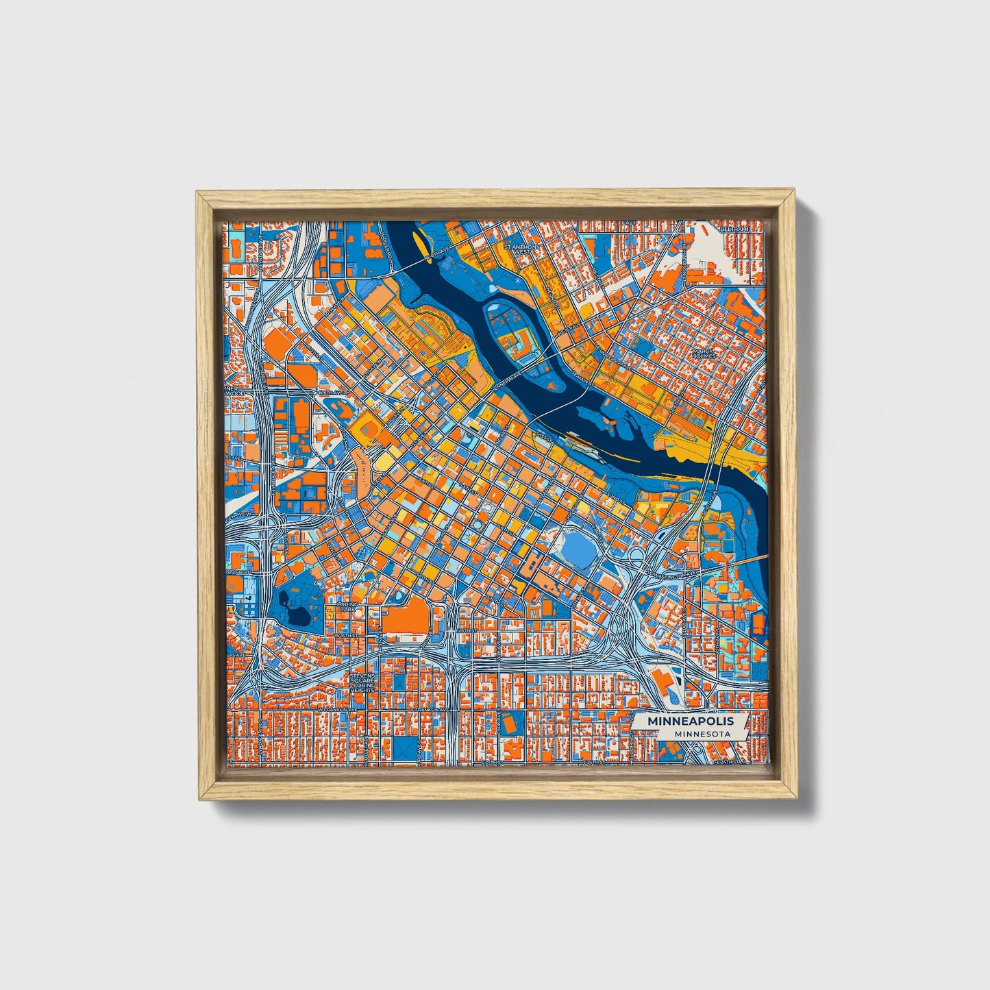 Minneapolis Minnesota Colorful City Map Canvas Print • Natural Wooden Framed