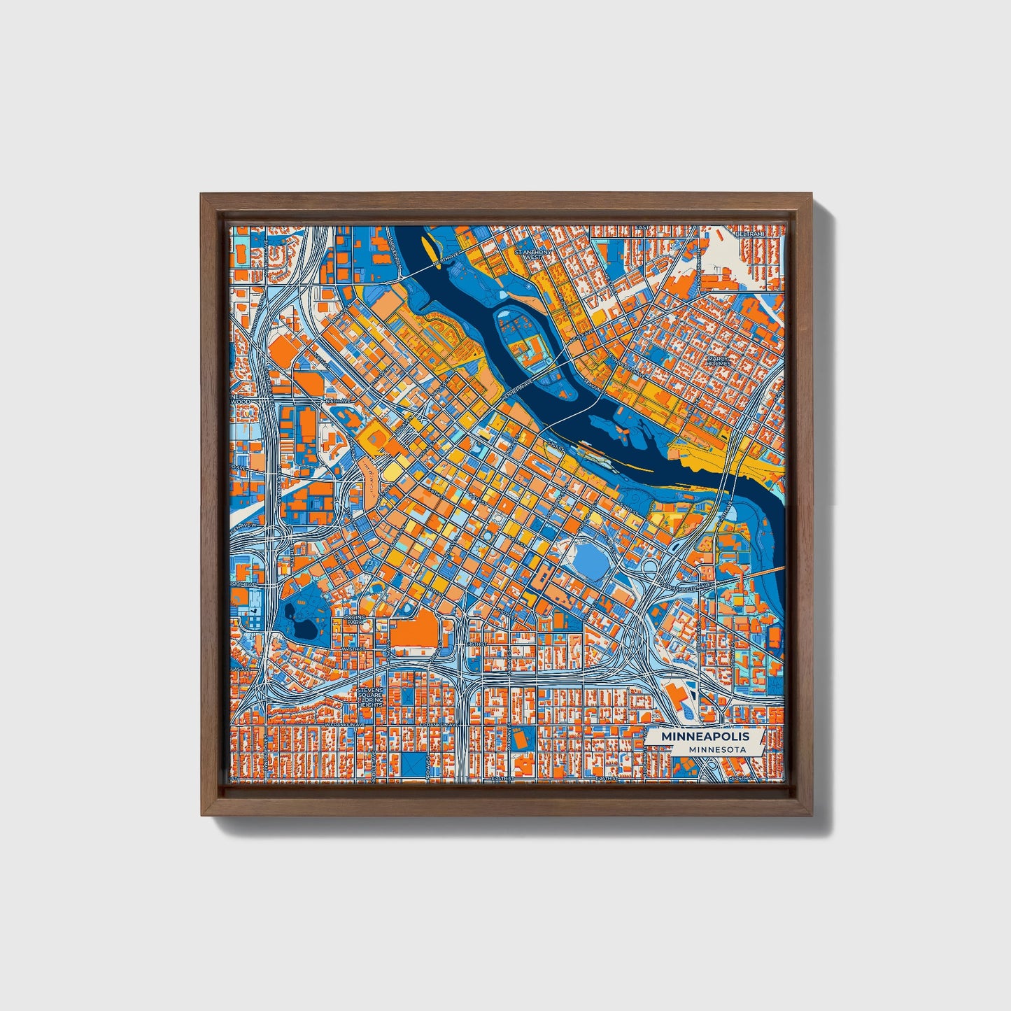 Minneapolis Minnesota Colorful City Map Canvas Print • Dark Wooden Framed