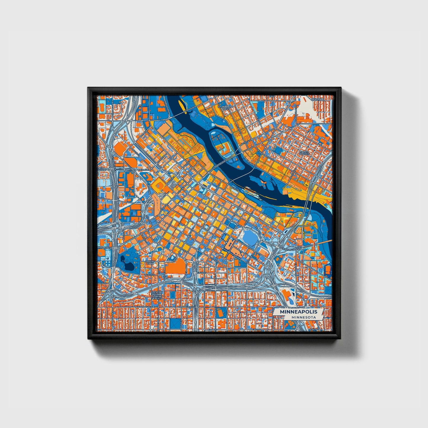 Minneapolis Minnesota Colorful City Map Canvas Print • Black Framed