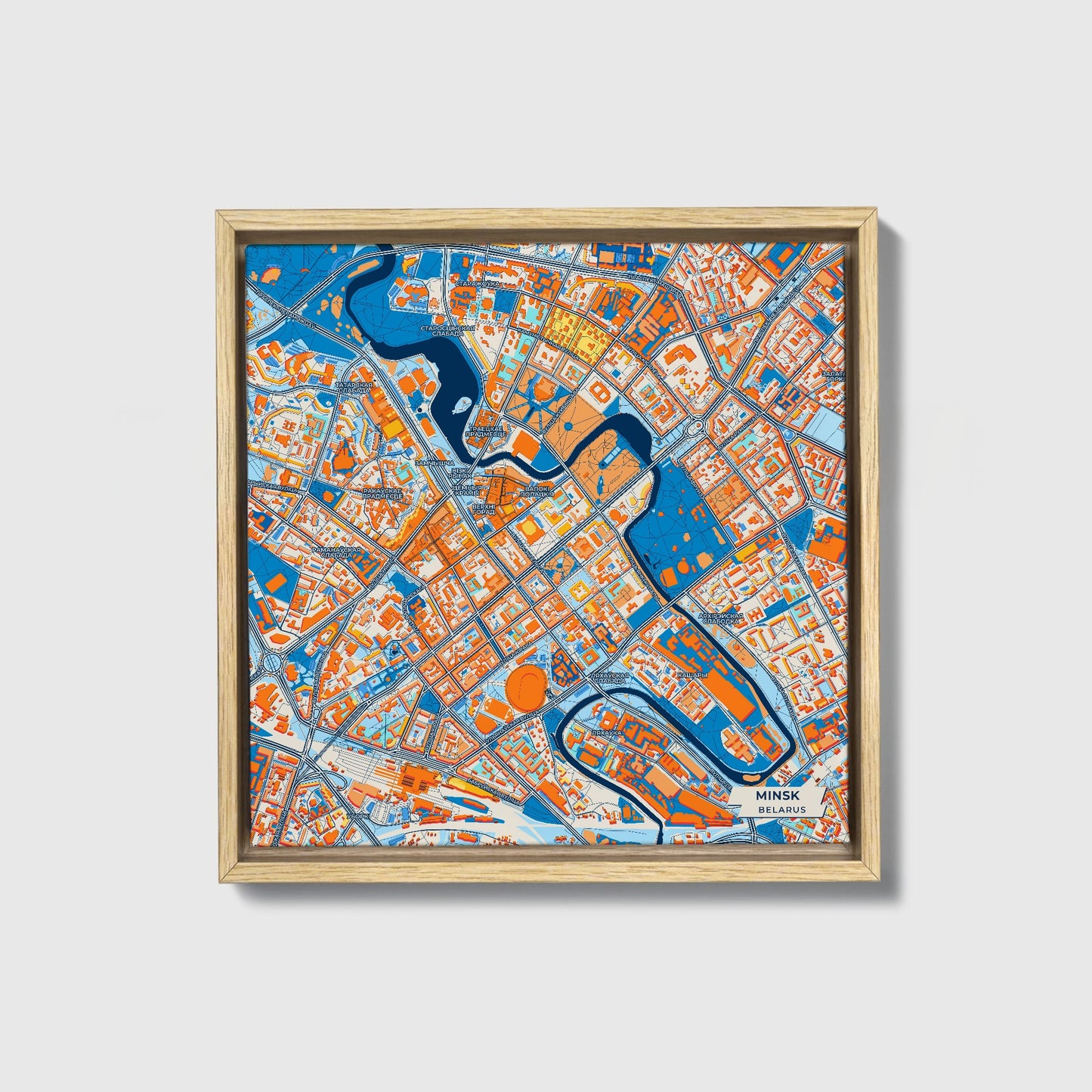Мінск Belarus Colorful City Map Canvas Print • Natural Wooden Framed