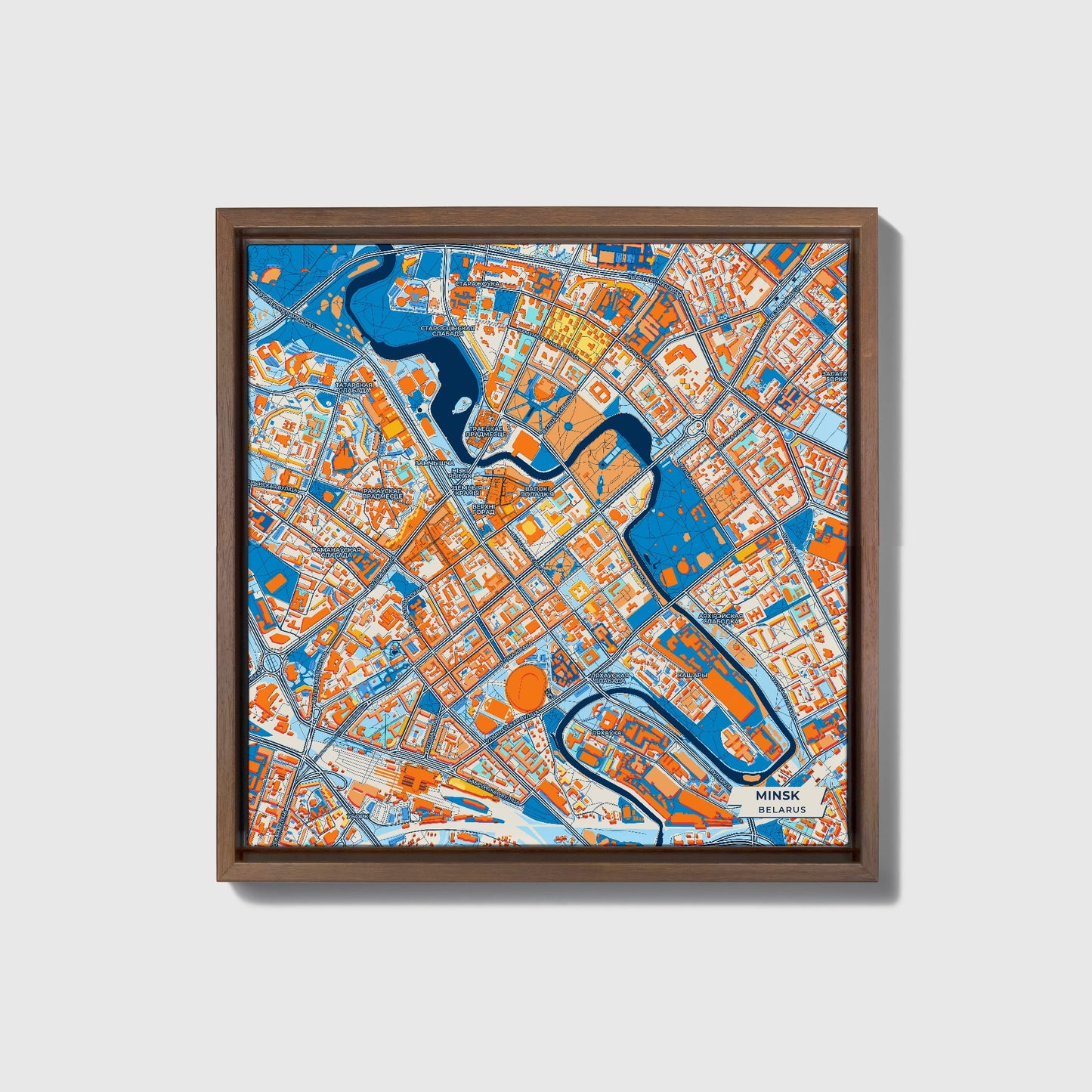Мінск Belarus Colorful City Map Canvas Print • Dark Wooden Framed