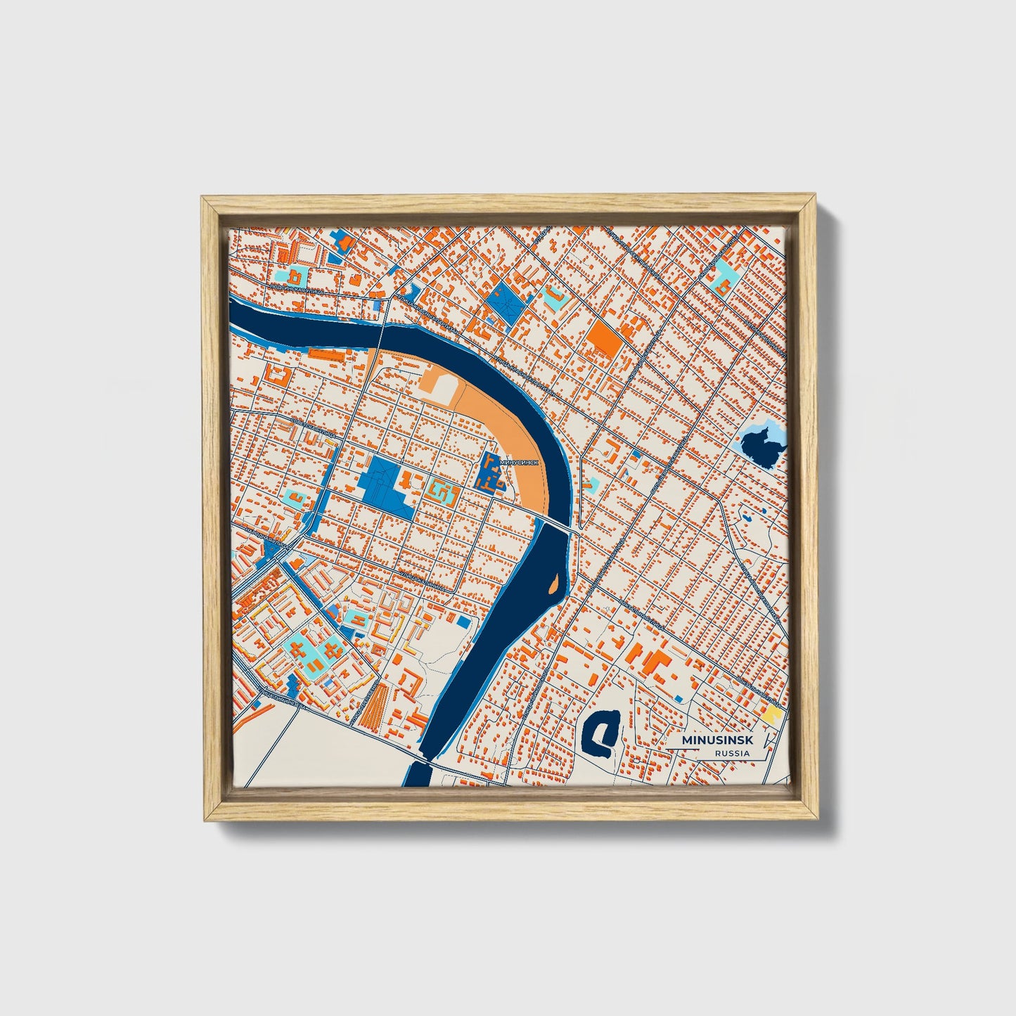 Минусинск Russia Colorful City Map Canvas Print • Natural Wooden Framed