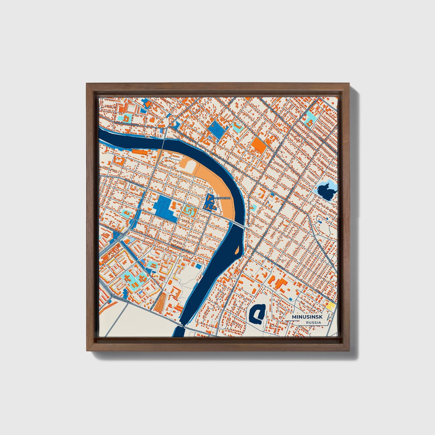 Минусинск Russia Colorful City Map Canvas Print • Dark Wooden Framed