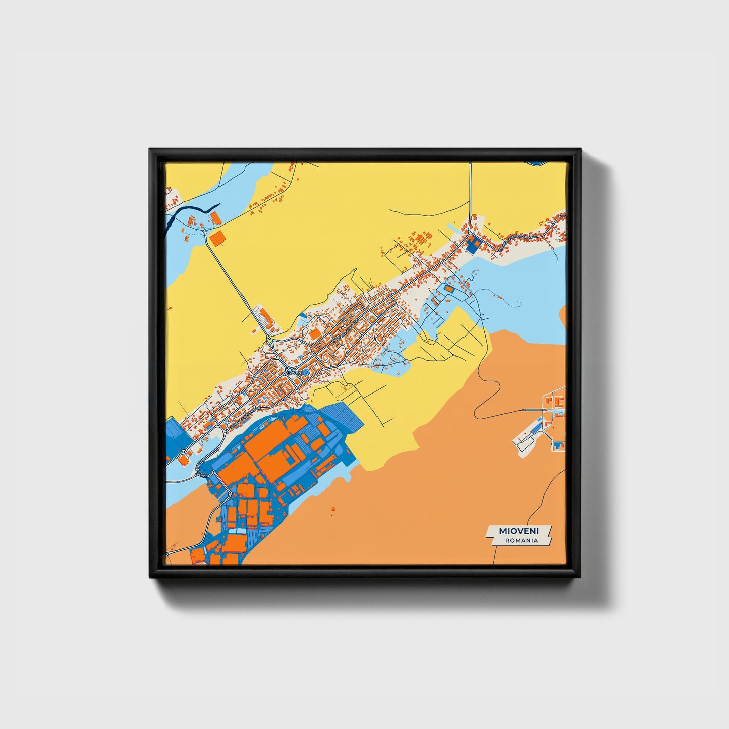 Mioveni Romania Colorful City Map Canvas Print • Black Framed