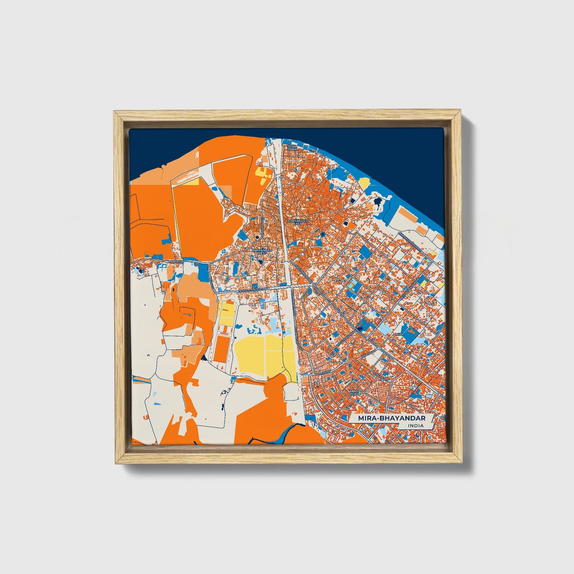 Mira-Bhayandar India Colorful City Map Canvas Print • Natural Wooden Framed