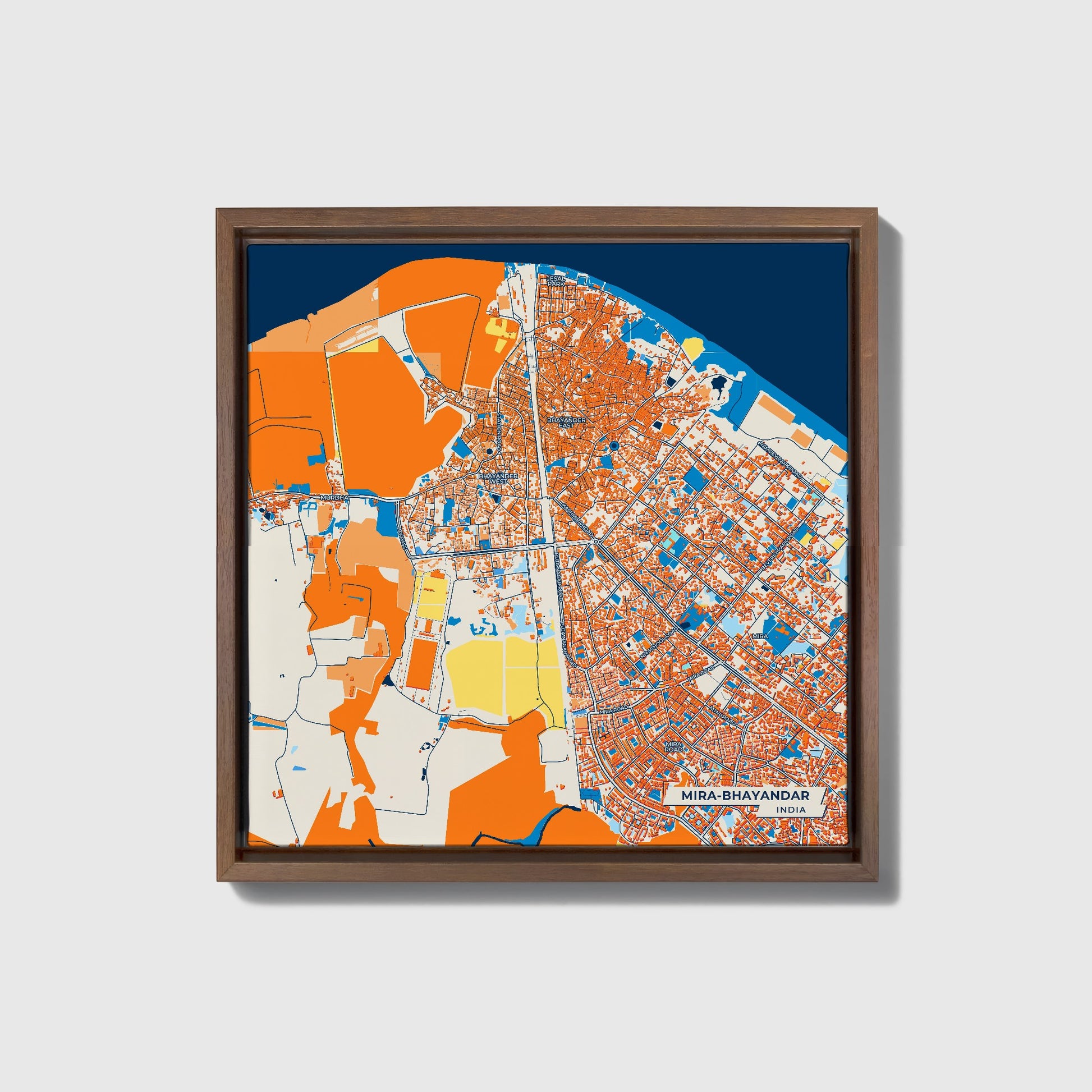 Mira-Bhayandar India Colorful City Map Canvas Print • Dark Wooden Framed