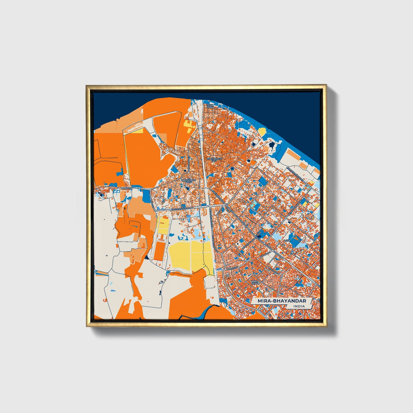 Mira-Bhayandar India Colorful City Map Canvas Print • Gold Framed
