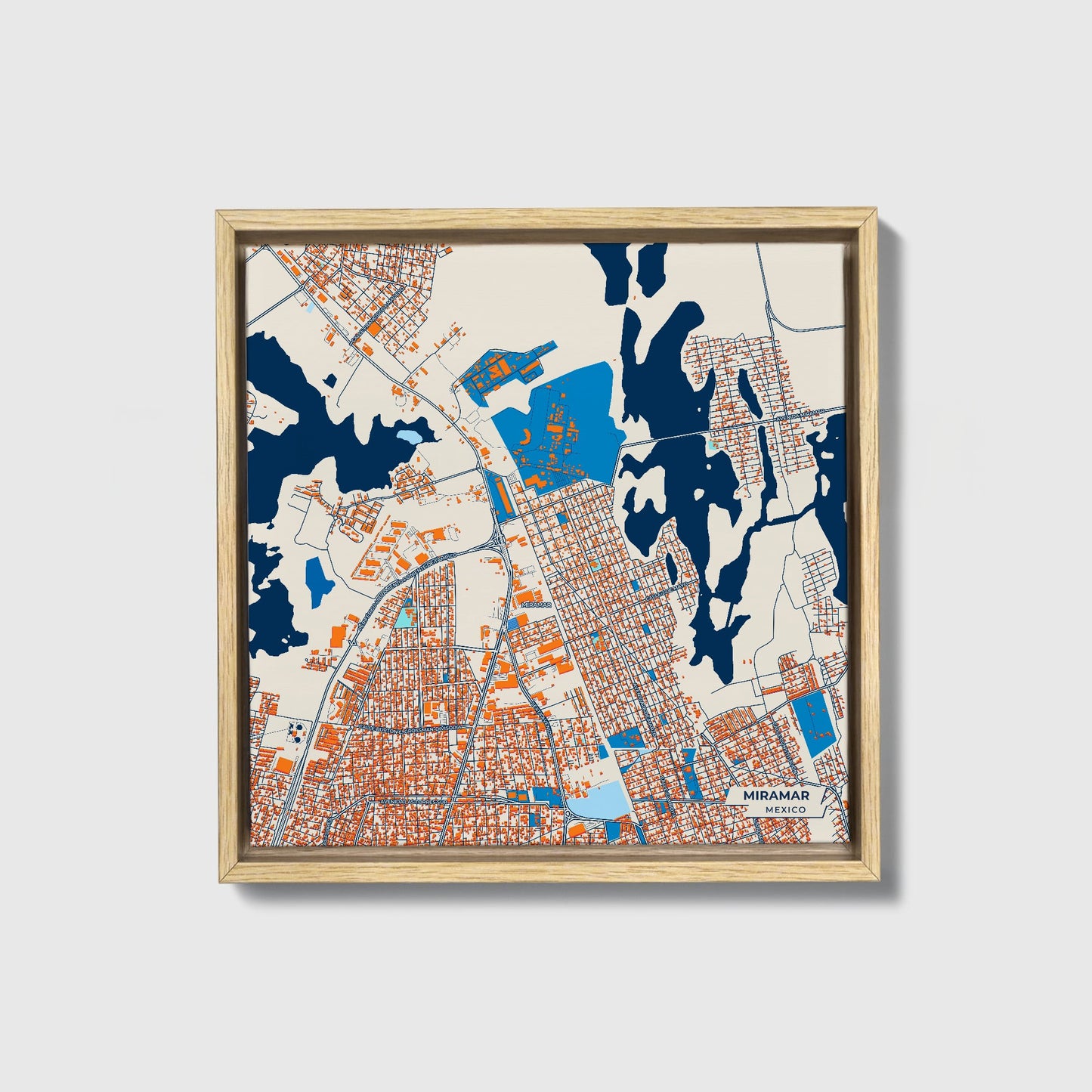 Miramar Mexico Colorful City Map Canvas Print • Natural Wooden Framed