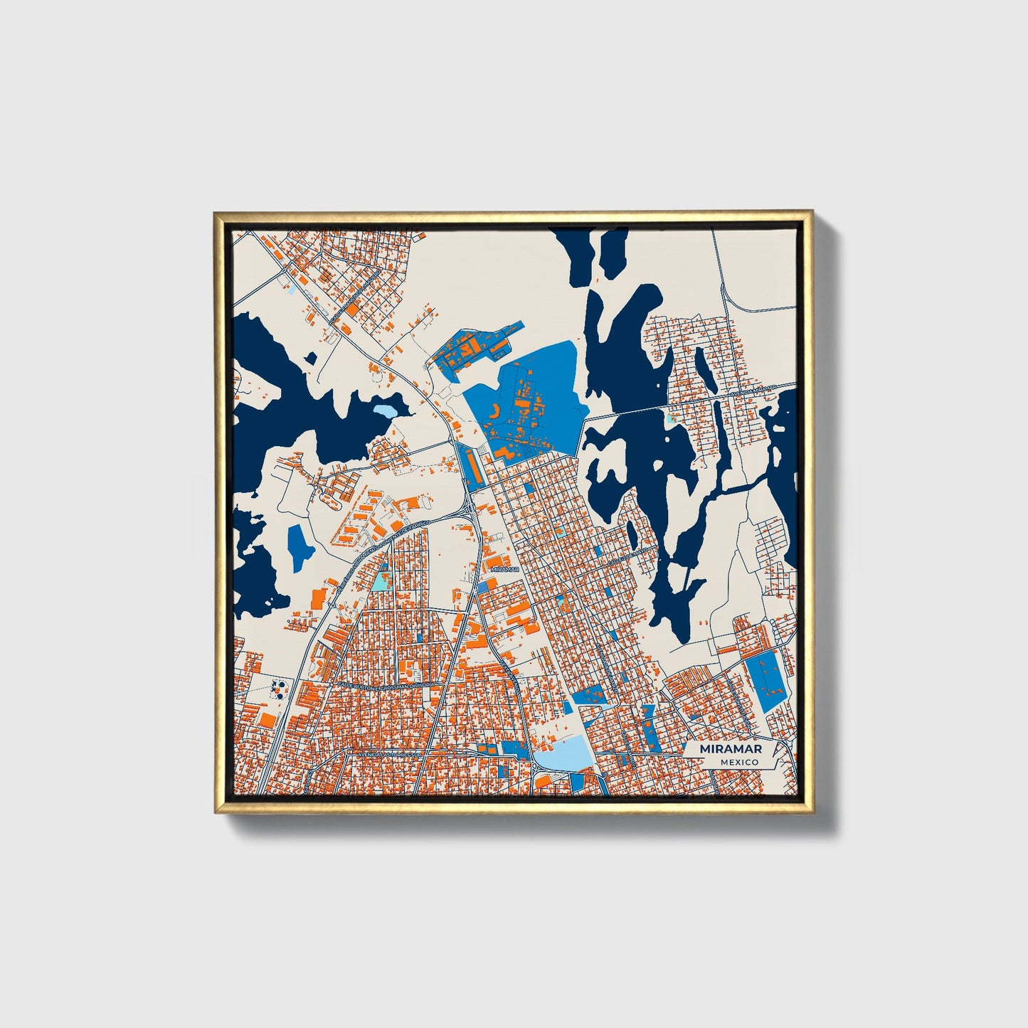 Miramar Mexico Colorful City Map Canvas Print • Gold Framed