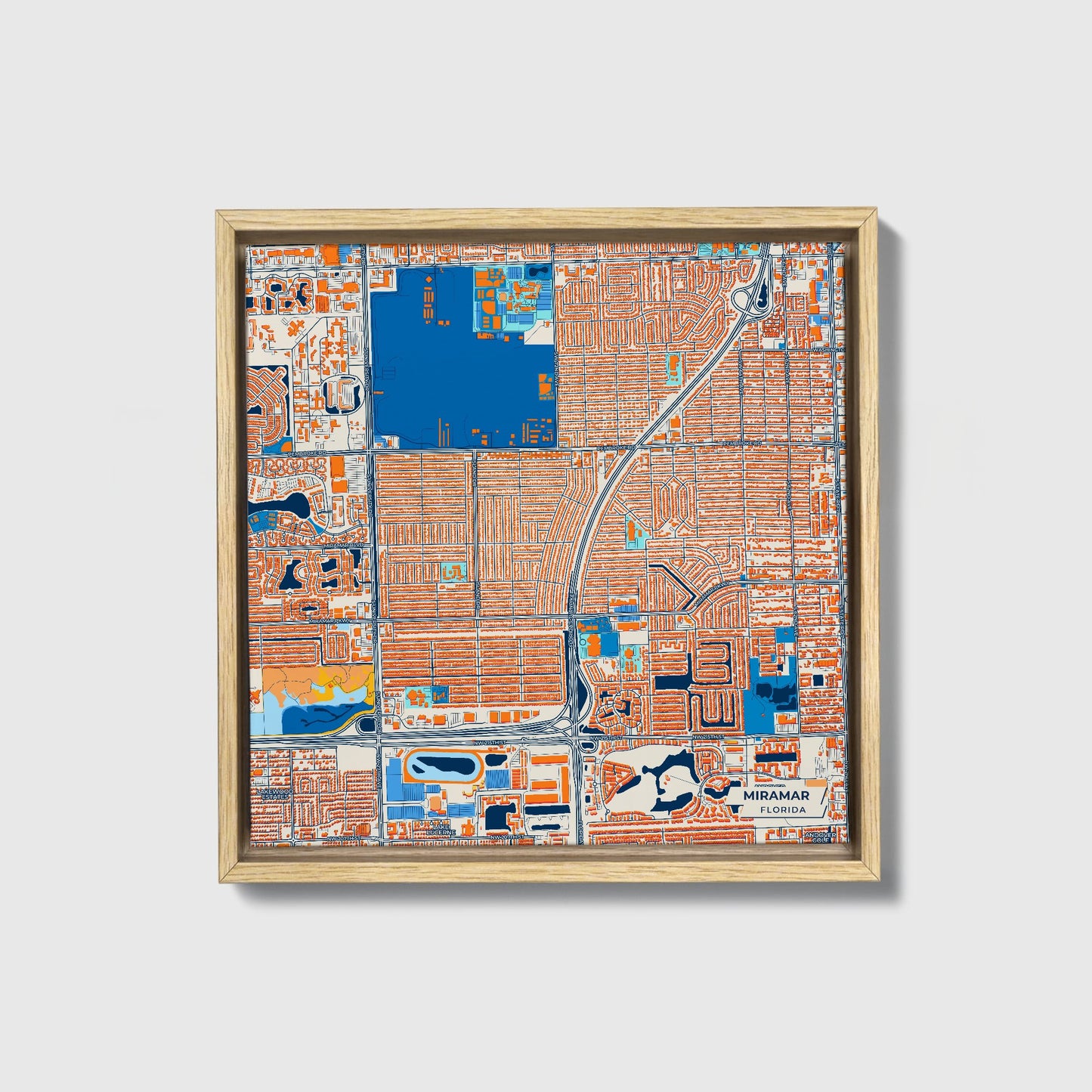 Miramar Florida Colorful City Map Canvas Print • Natural Wooden Framed