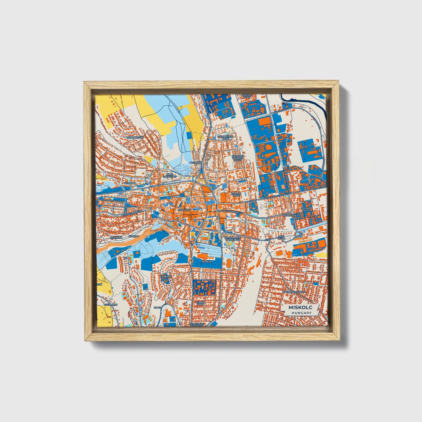 Miskolc Hungary Colorful City Map Canvas Print • Natural Wooden Framed