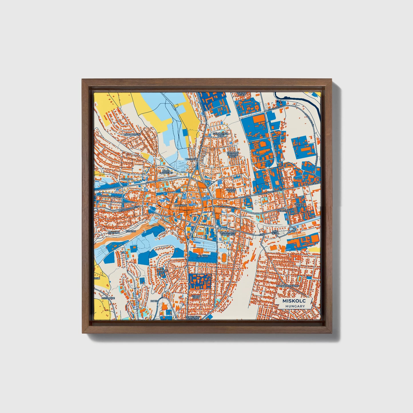 Miskolc Hungary Colorful City Map Canvas Print • Dark Wooden Framed