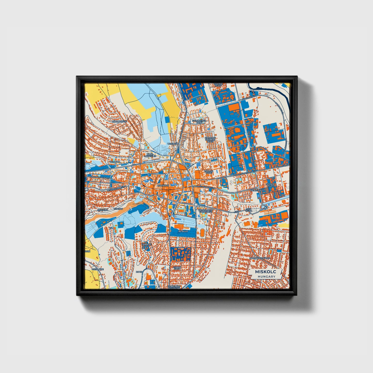 Miskolc Hungary Colorful City Map Canvas Print • Black Framed