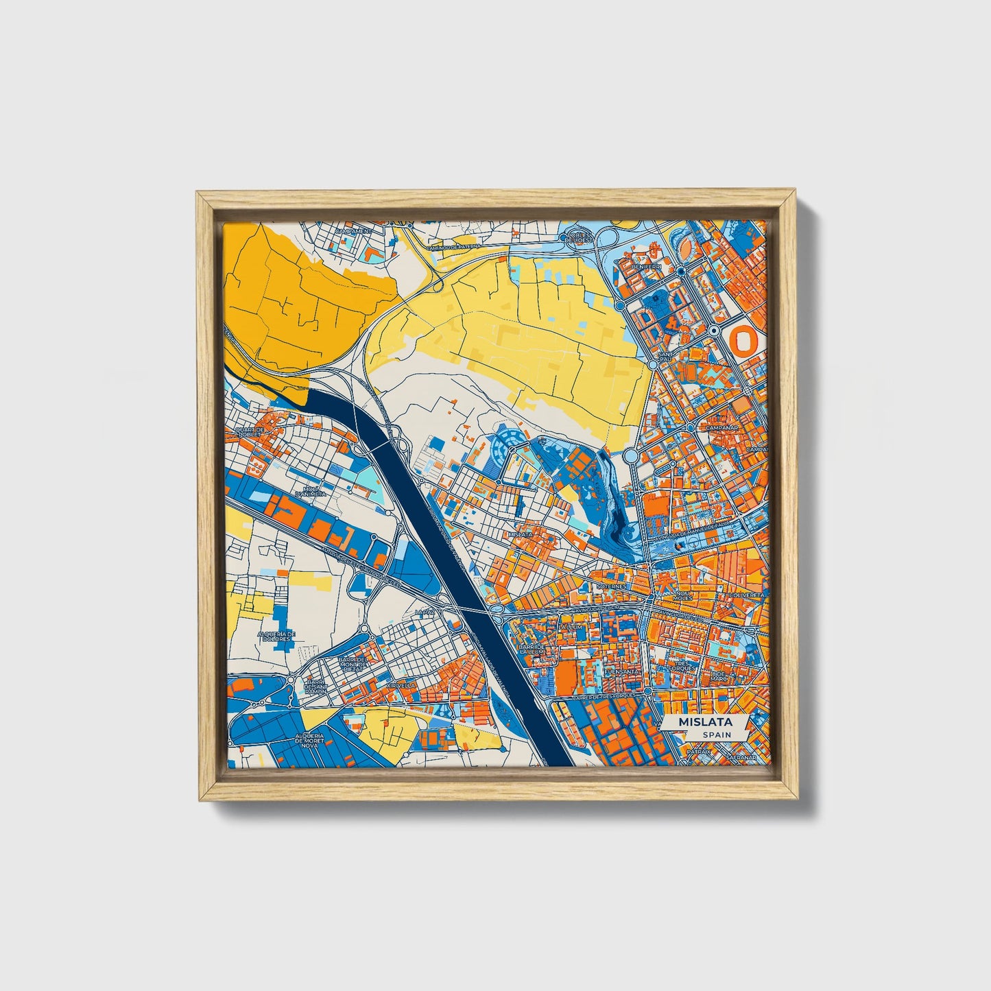 Mislata Spain Colorful City Map Canvas Print • Natural Wooden Framed