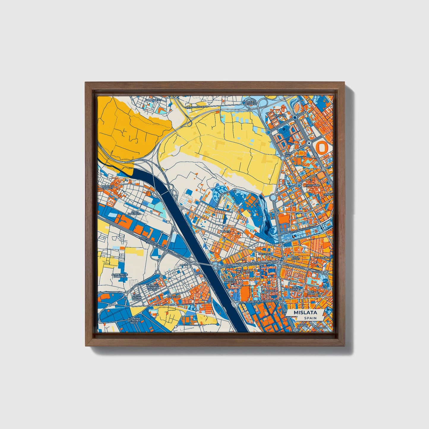 Mislata Spain Colorful City Map Canvas Print • Dark Wooden Framed