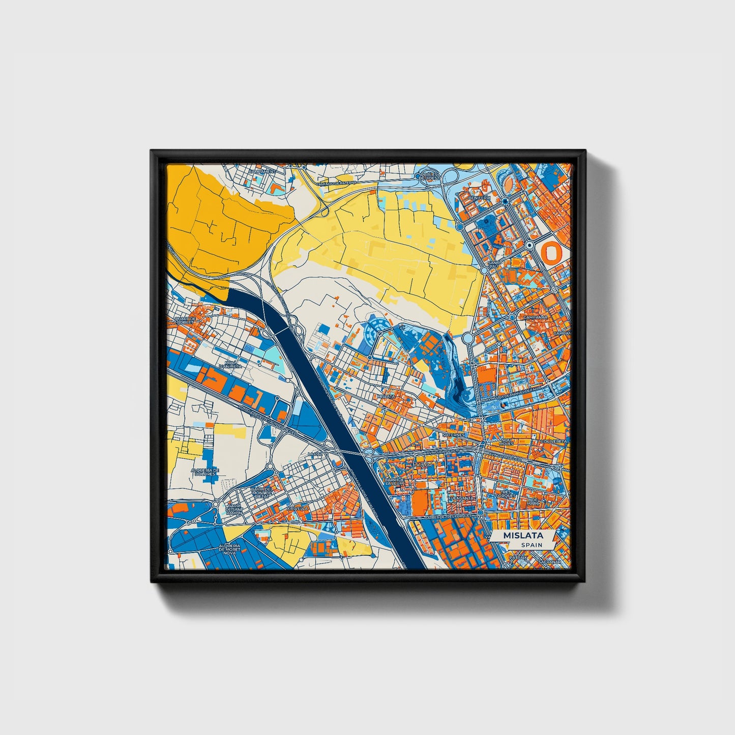 Mislata Spain Colorful City Map Canvas Print • Black Framed