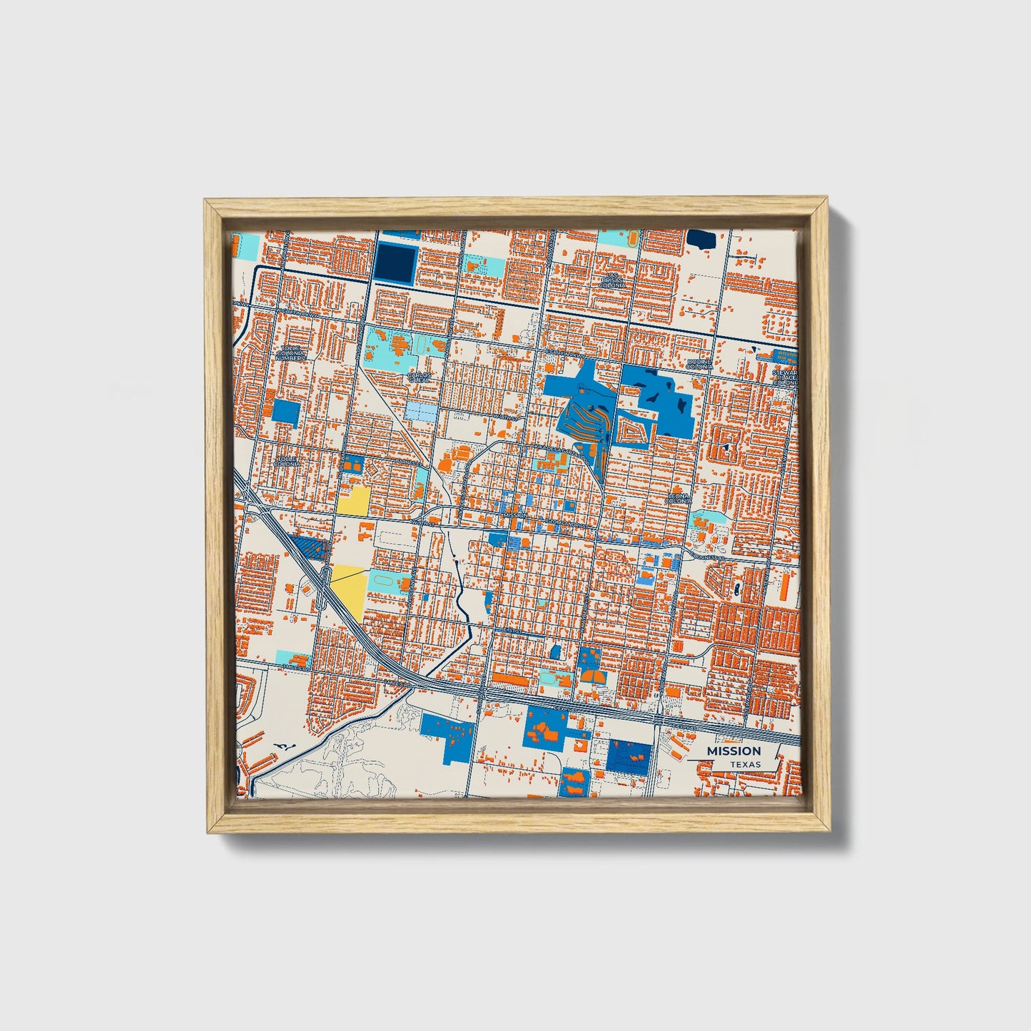 Mission Texas Colorful City Map Canvas Print • Natural Wooden Framed