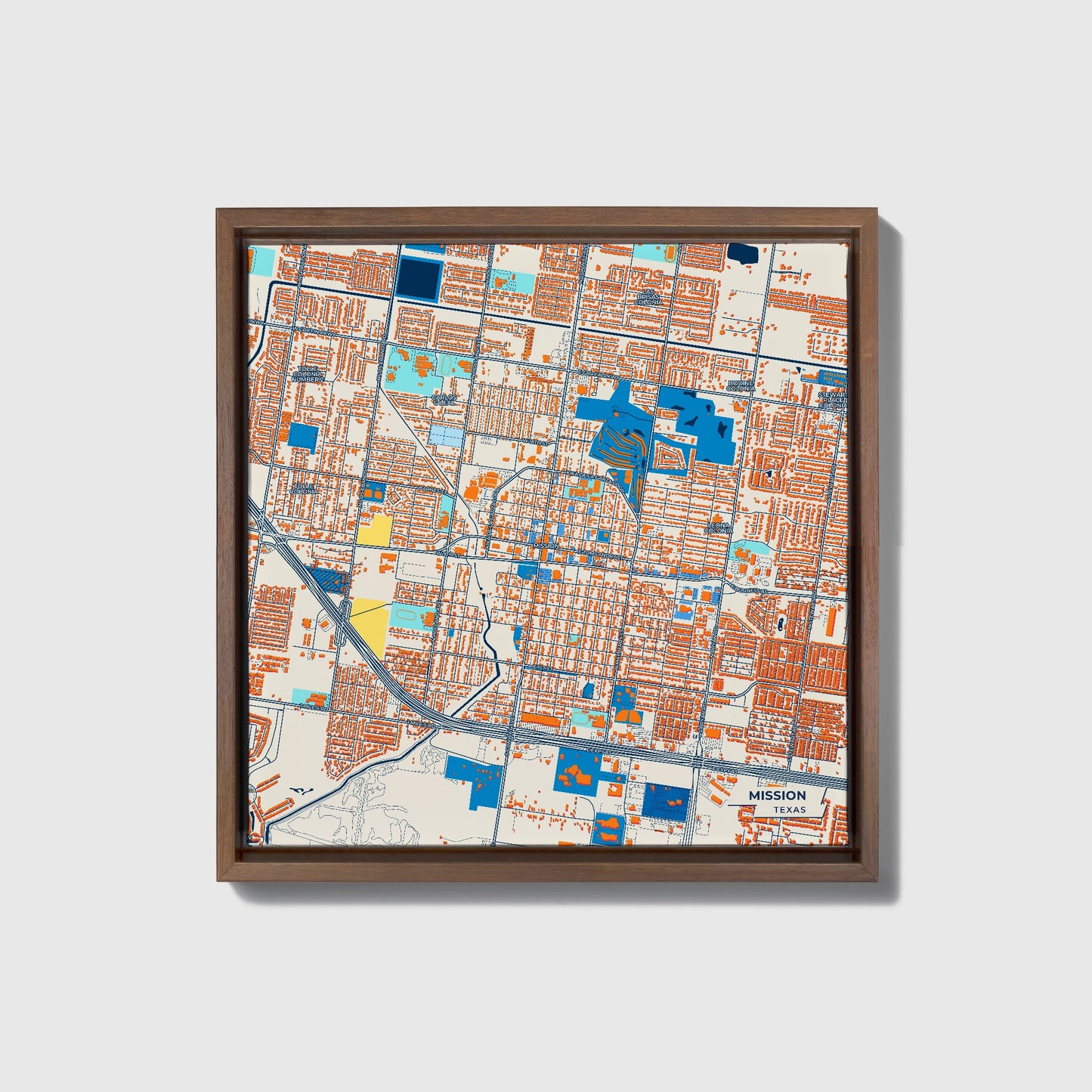 Mission Texas Colorful City Map Canvas Print • Dark Wooden Framed