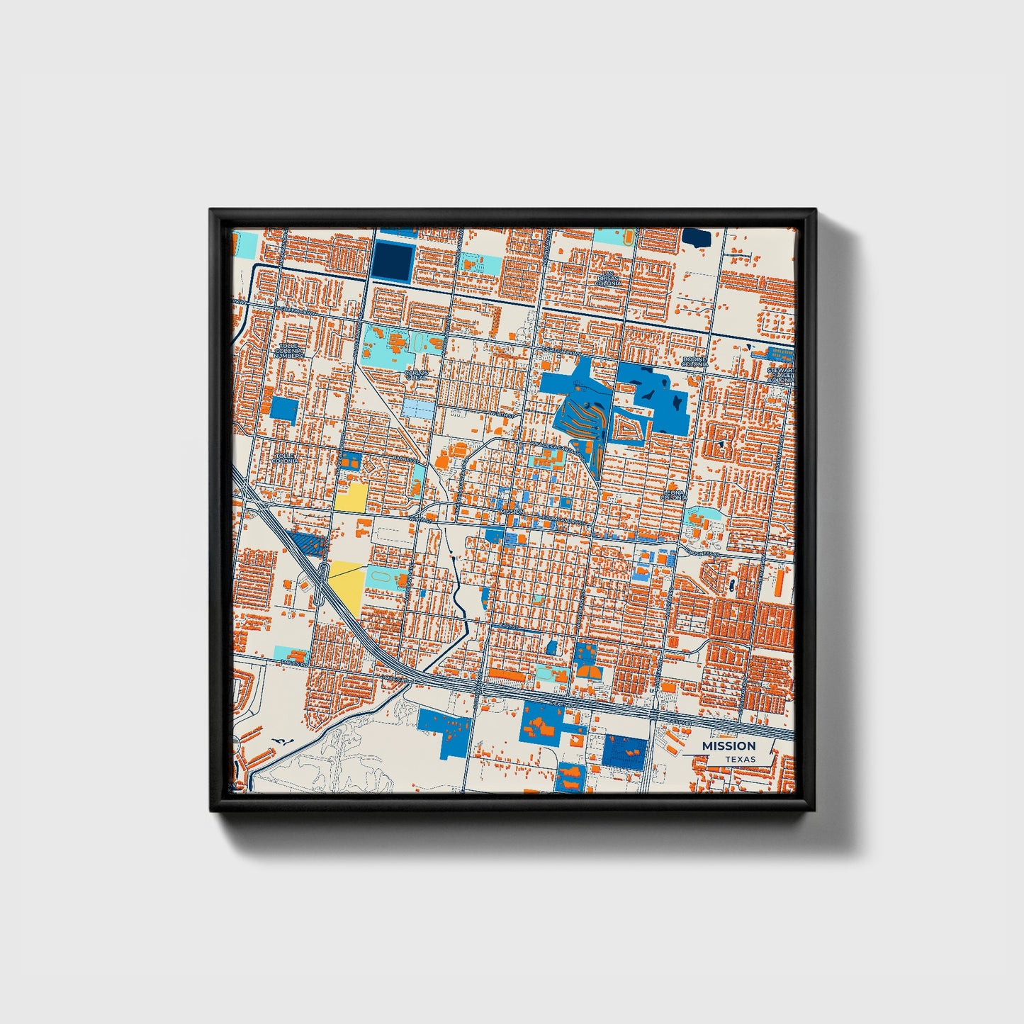 Mission Texas Colorful City Map Canvas Print • Black Framed