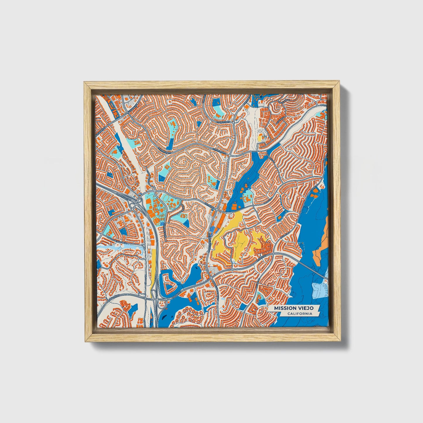 Mission Viejo California Colorful City Map Canvas Print • Natural Wooden Framed