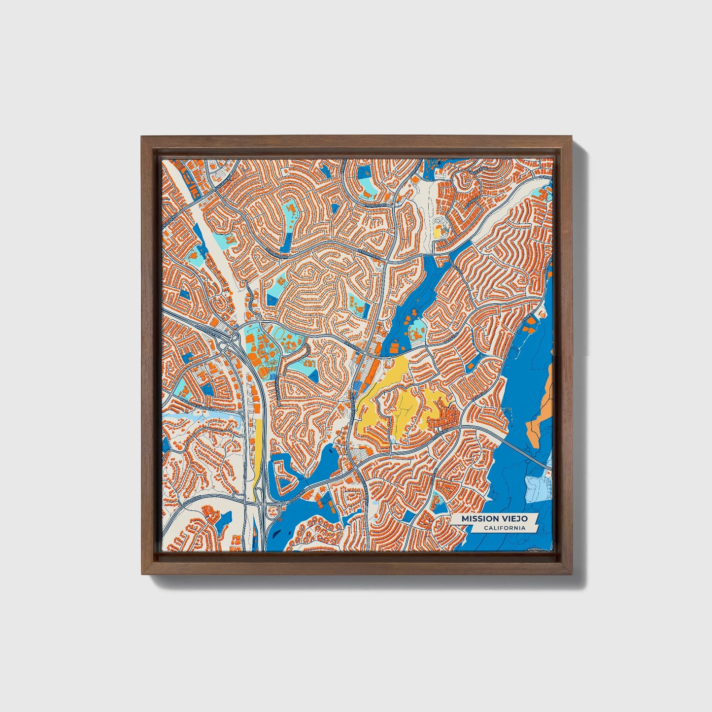 Mission Viejo California Colorful City Map Canvas Print • Dark Wooden Framed