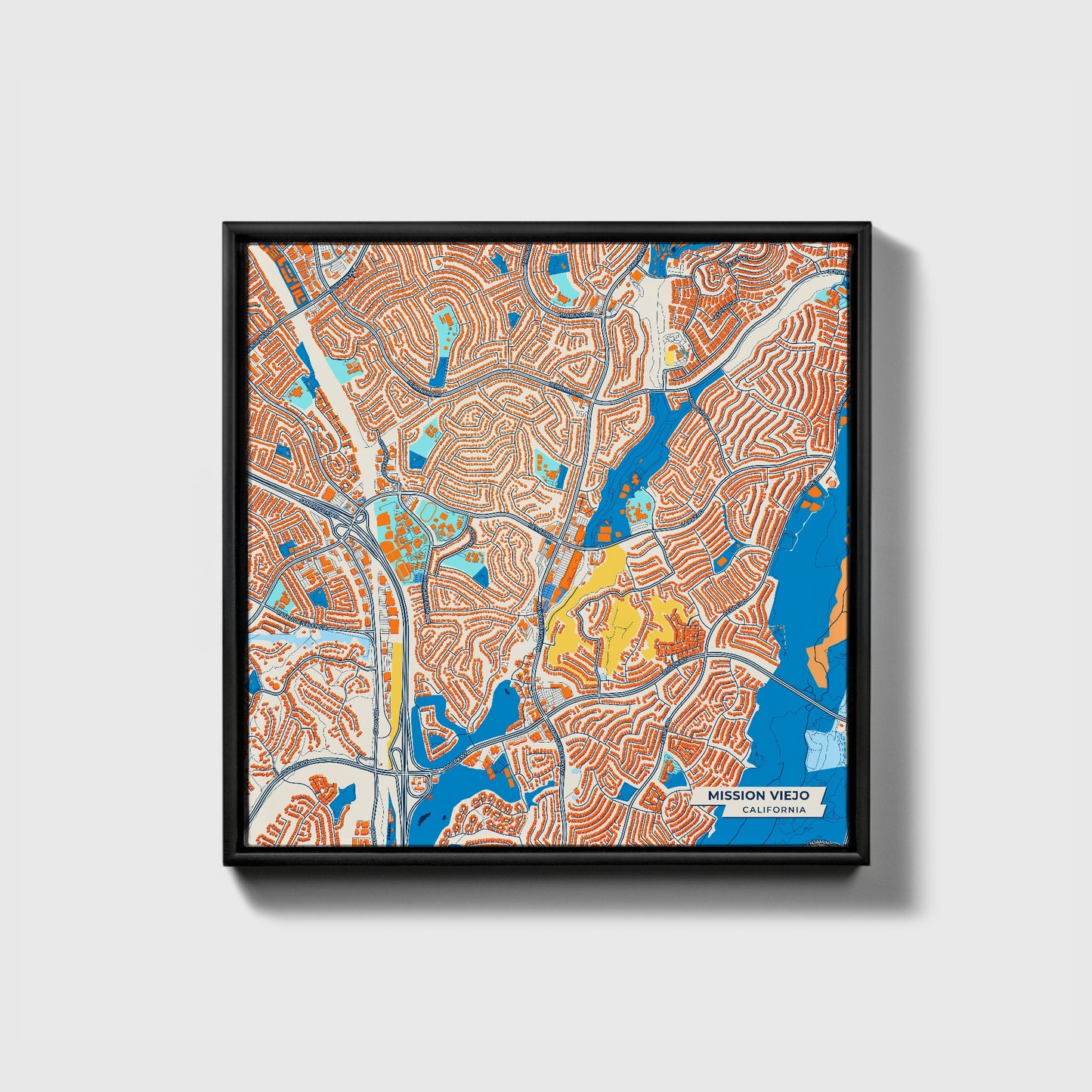 Mission Viejo California Colorful City Map Canvas Print • Black Framed
