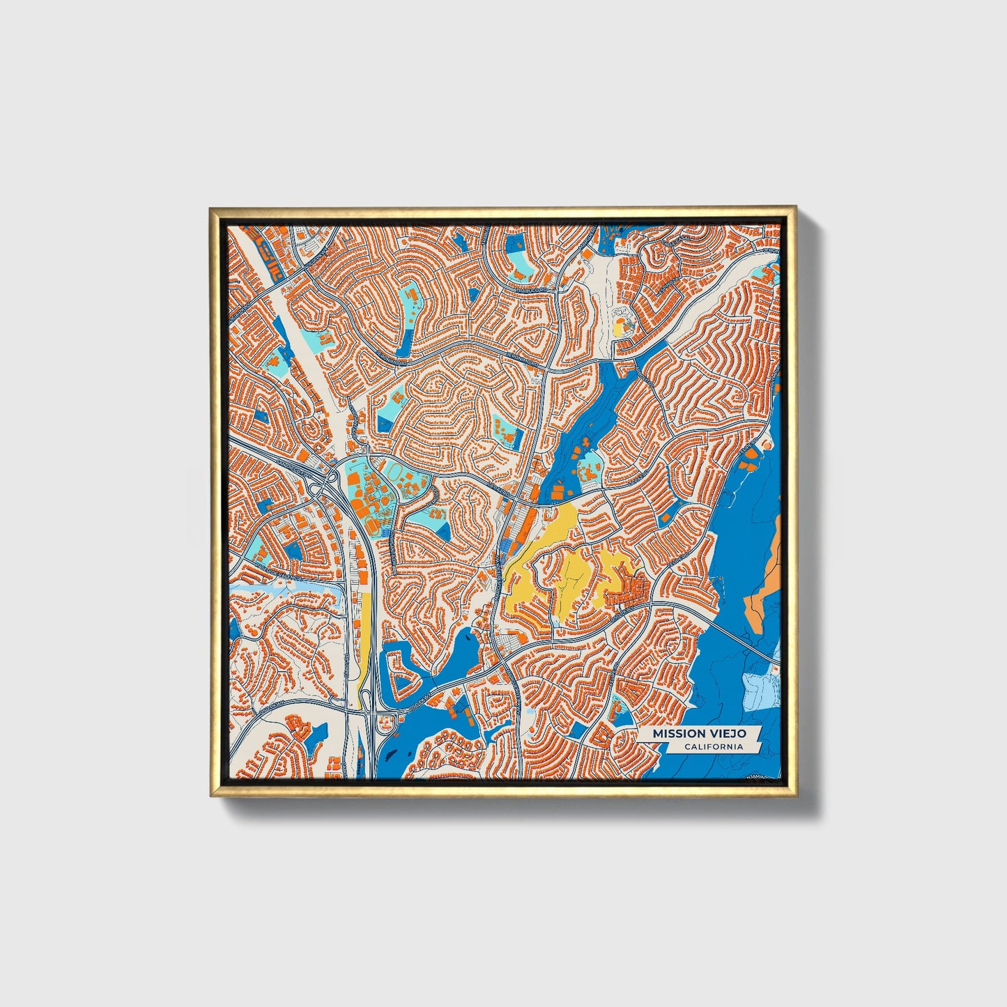 Mission Viejo California Colorful City Map Canvas Print • Gold Framed