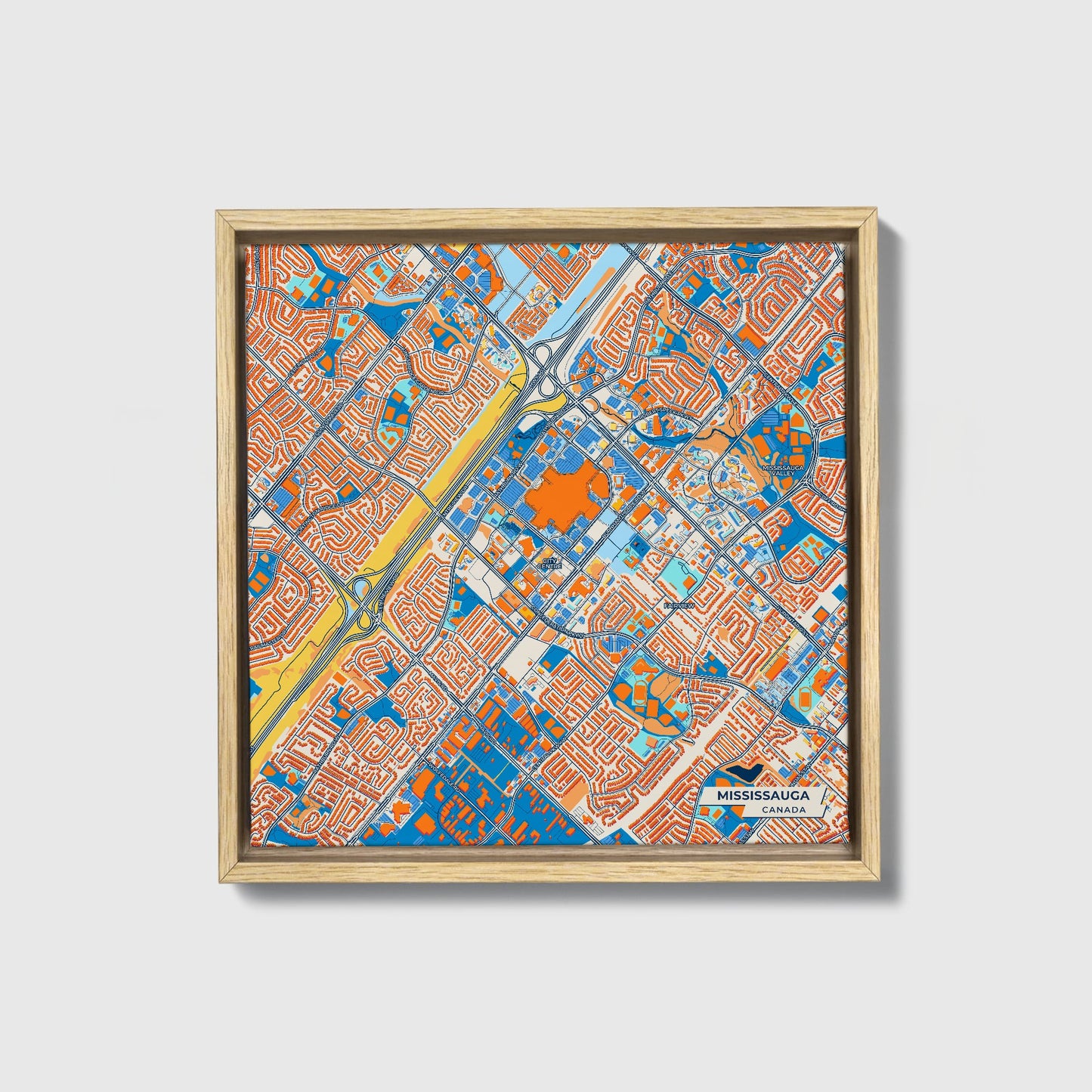 Mississauga Canada Colorful City Map Canvas Print • Natural Wooden Framed