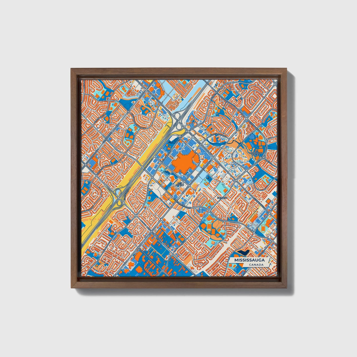 Mississauga Canada Colorful City Map Canvas Print • Dark Wooden Framed