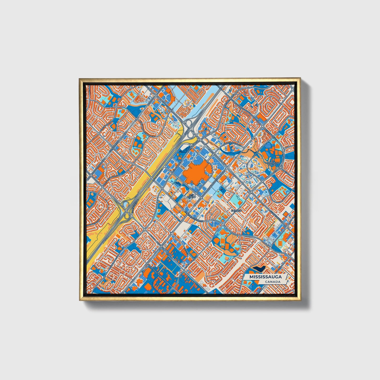 Mississauga Canada Colorful City Map Canvas Print • Gold Framed