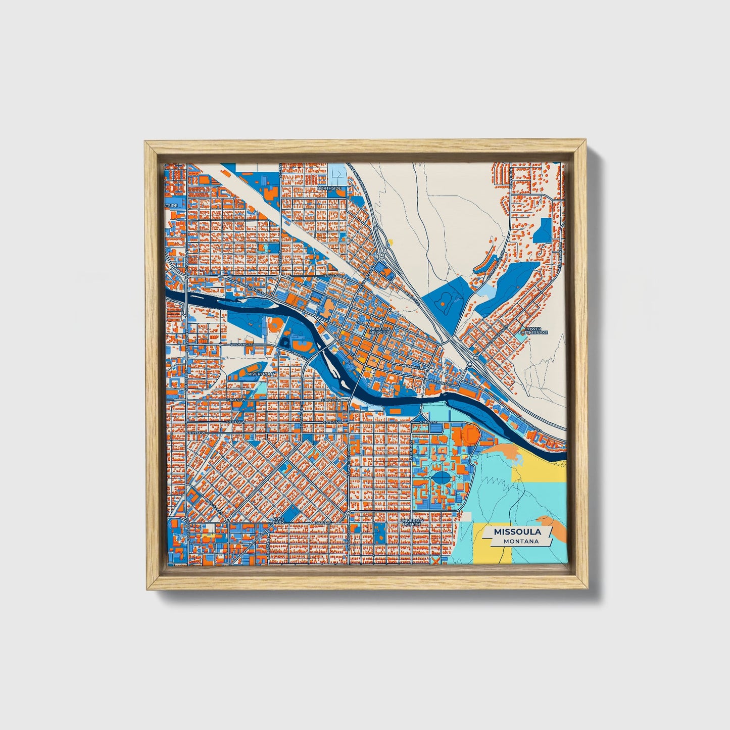 Missoula Montana Colorful City Map Canvas Print • Natural Wooden Framed