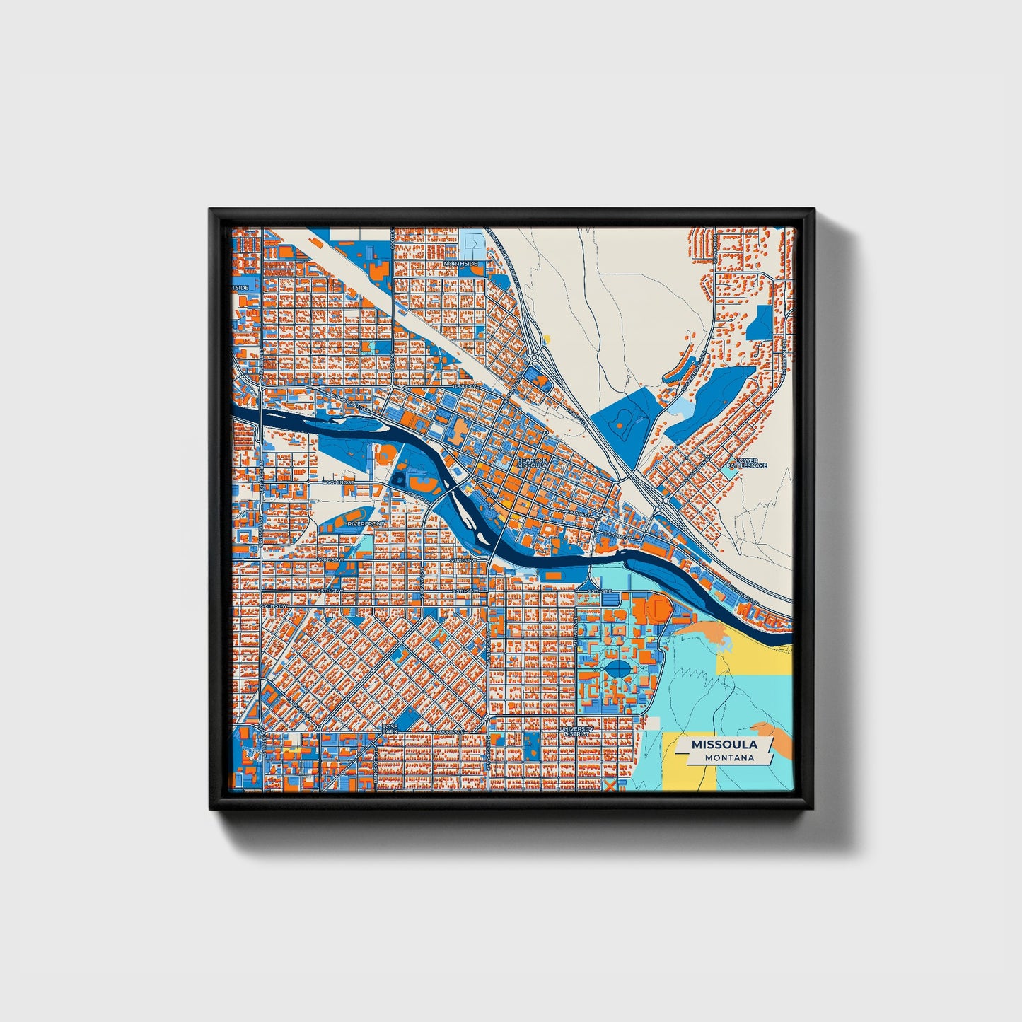 Missoula Montana Colorful City Map Canvas Print • Black Framed