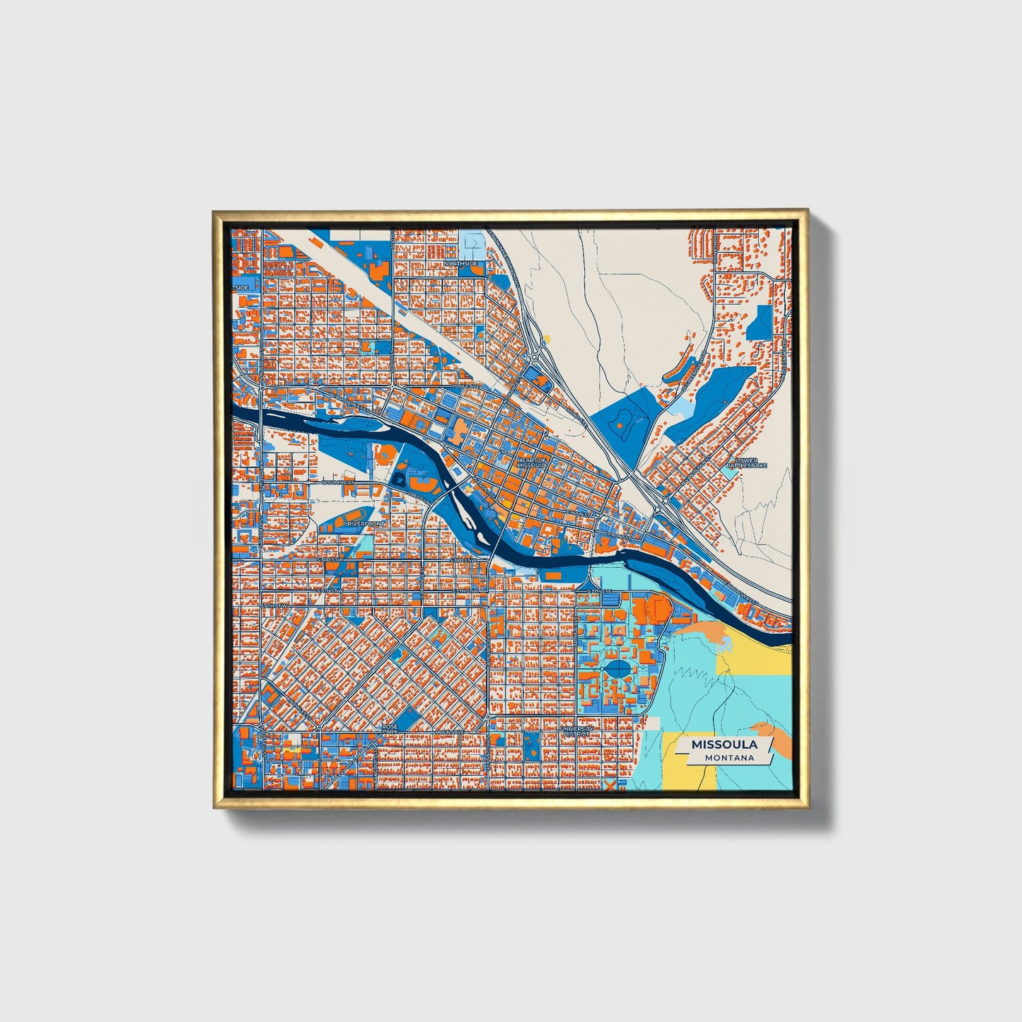 Missoula Montana Colorful City Map Canvas Print • Gold Framed