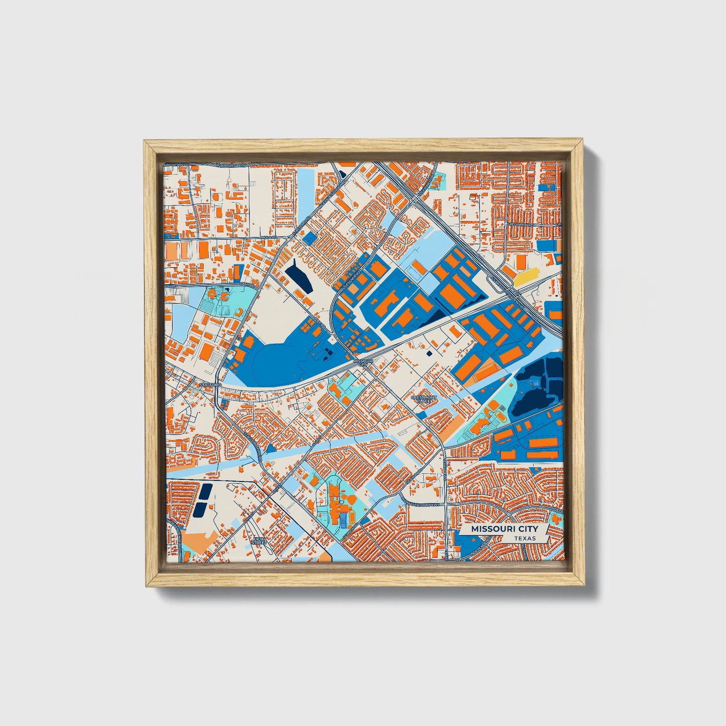 Missouri City Texas Colorful City Map Canvas Print • Natural Wooden Framed