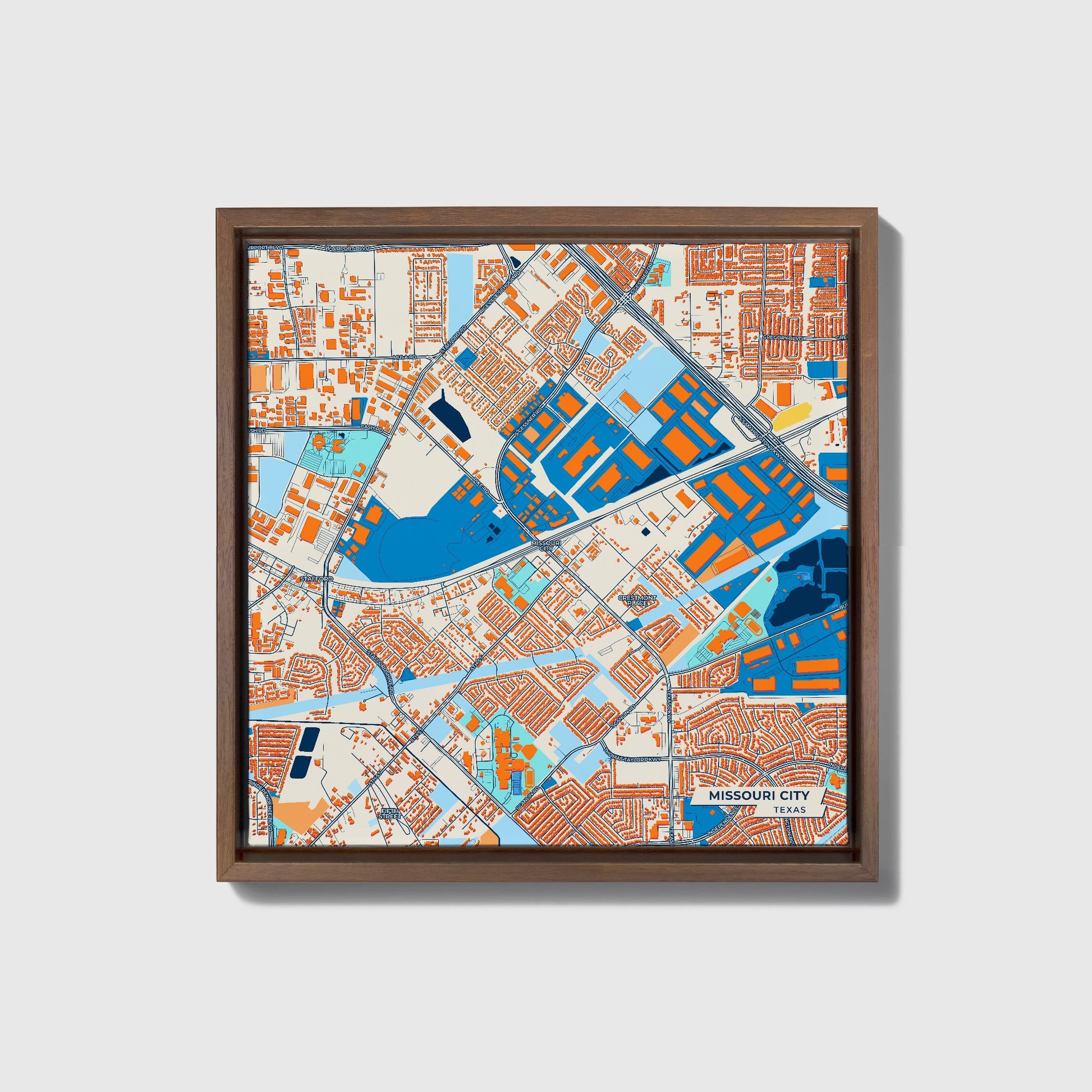 Missouri City Texas Colorful City Map Canvas Print • Dark Wooden Framed