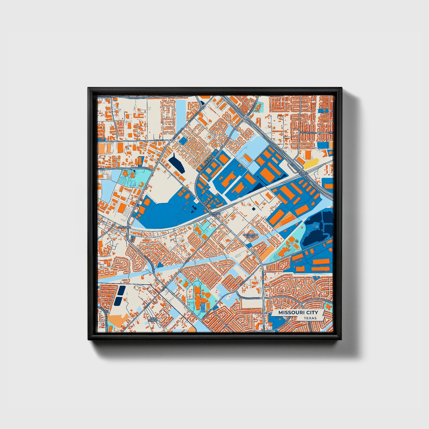 Missouri City Texas Colorful City Map Canvas Print • Black Framed