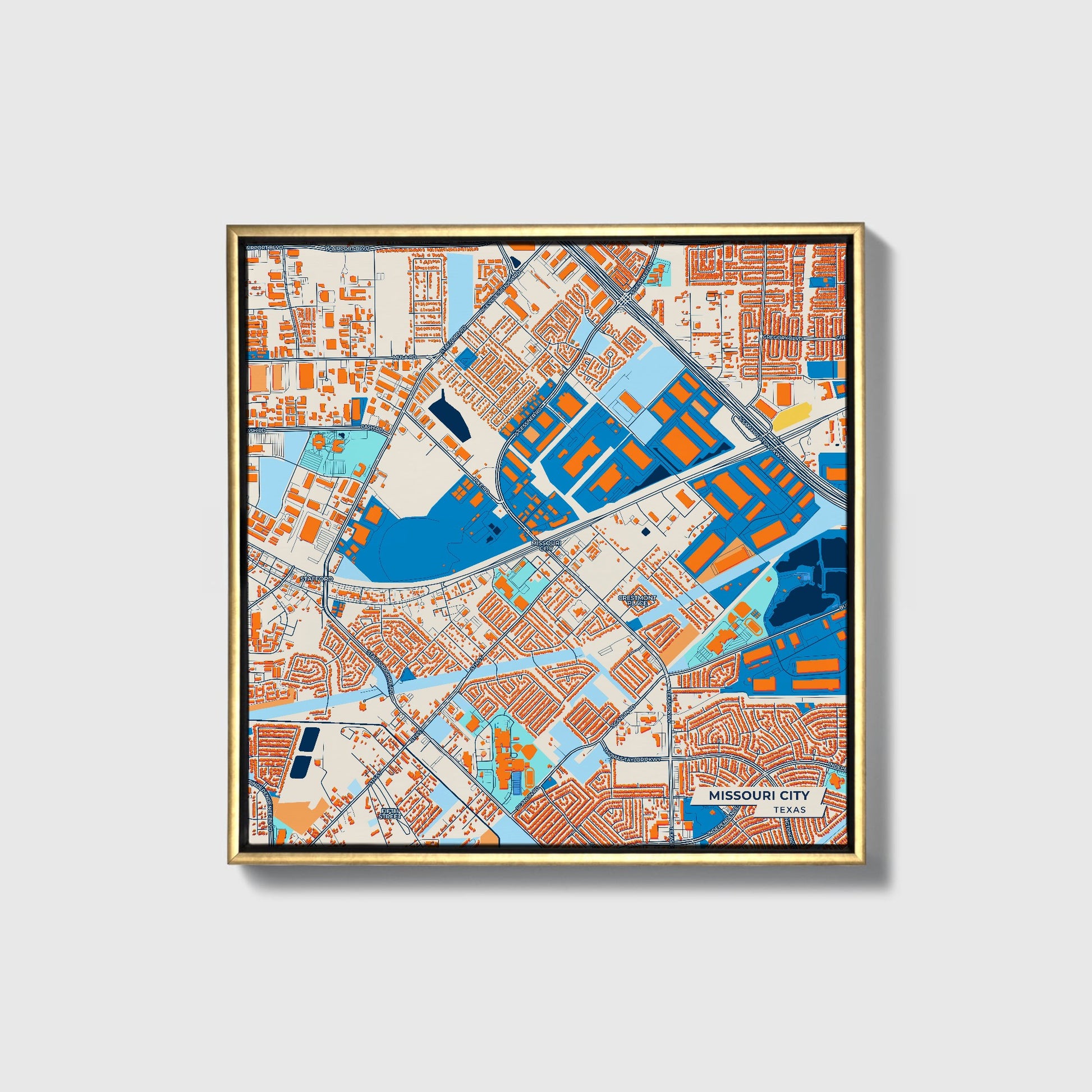 Missouri City Texas Colorful City Map Canvas Print • Gold Framed