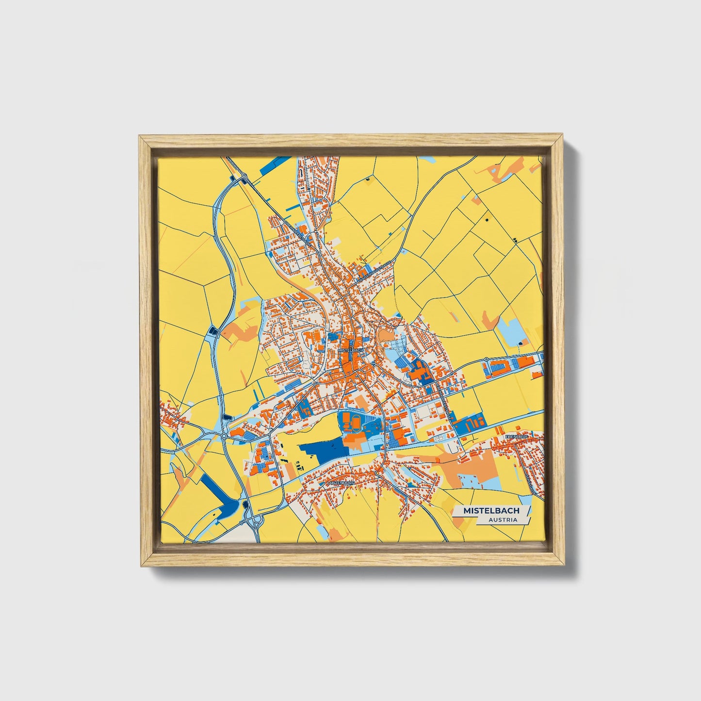 Mistelbach Austria Colorful City Map Canvas Print • Natural Wooden Framed