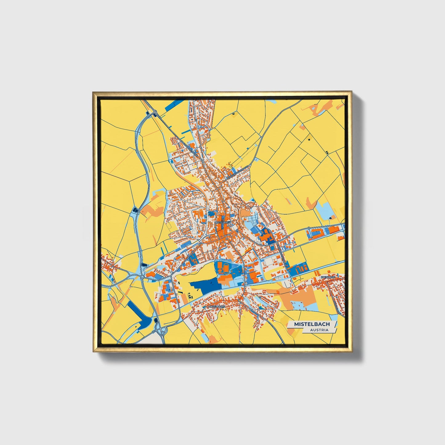 Mistelbach Austria Colorful City Map Canvas Print • Gold Framed