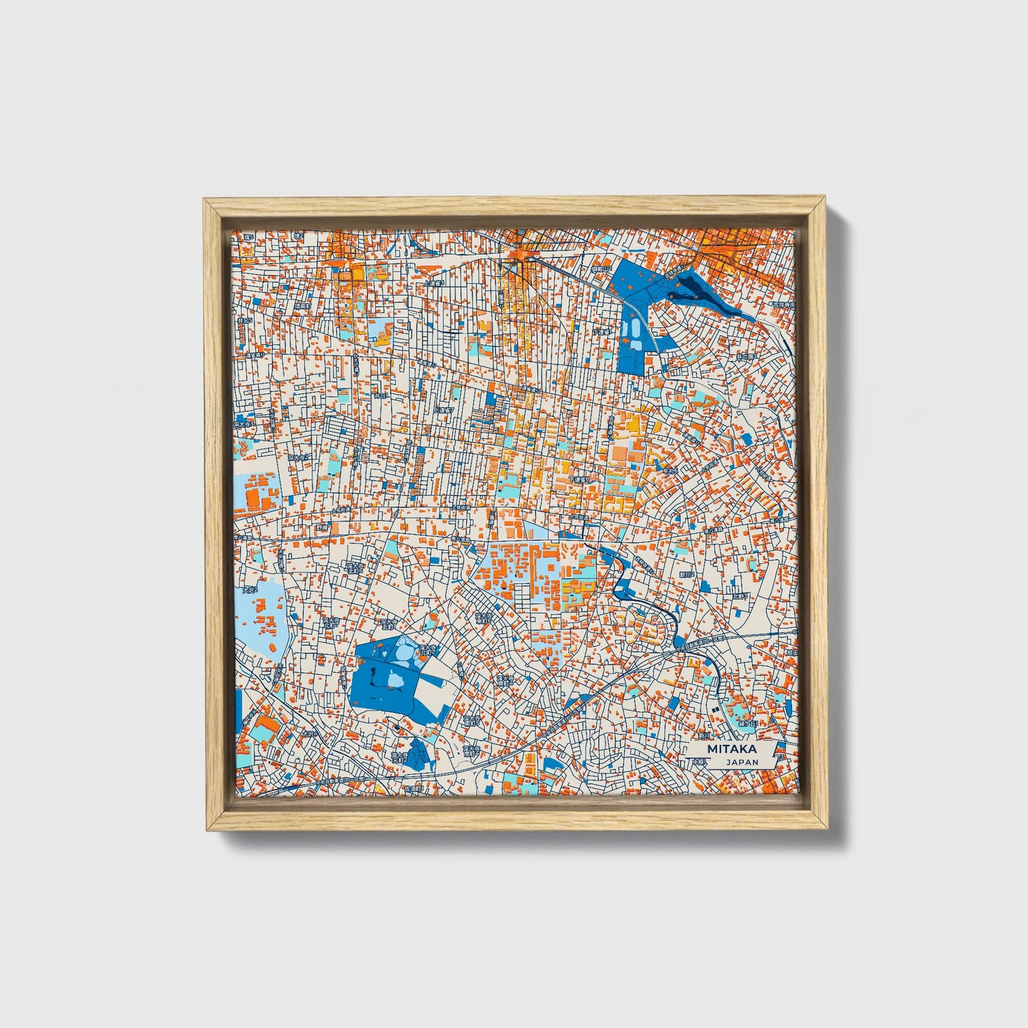 Mitaka Japan Colorful City Map Canvas Print • Natural Wooden Framed