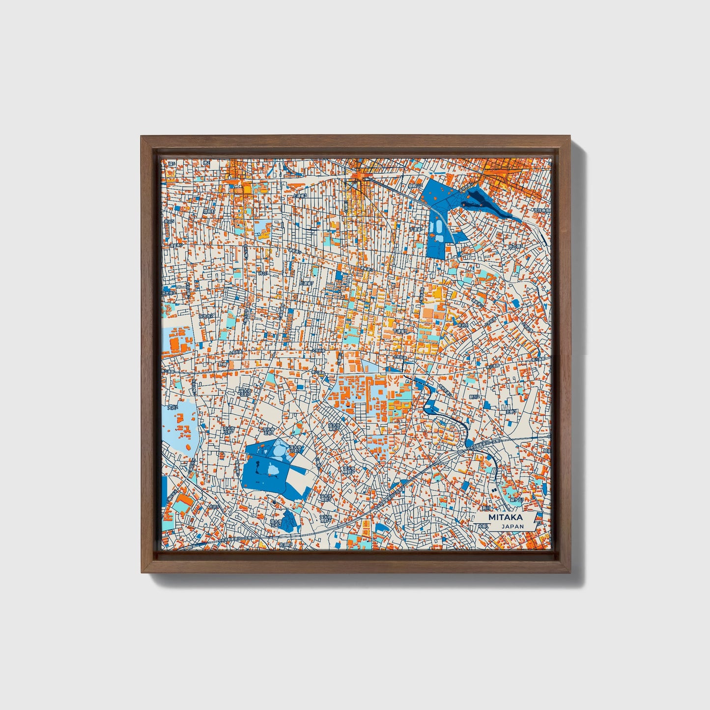 Mitaka Japan Colorful City Map Canvas Print • Dark Wooden Framed