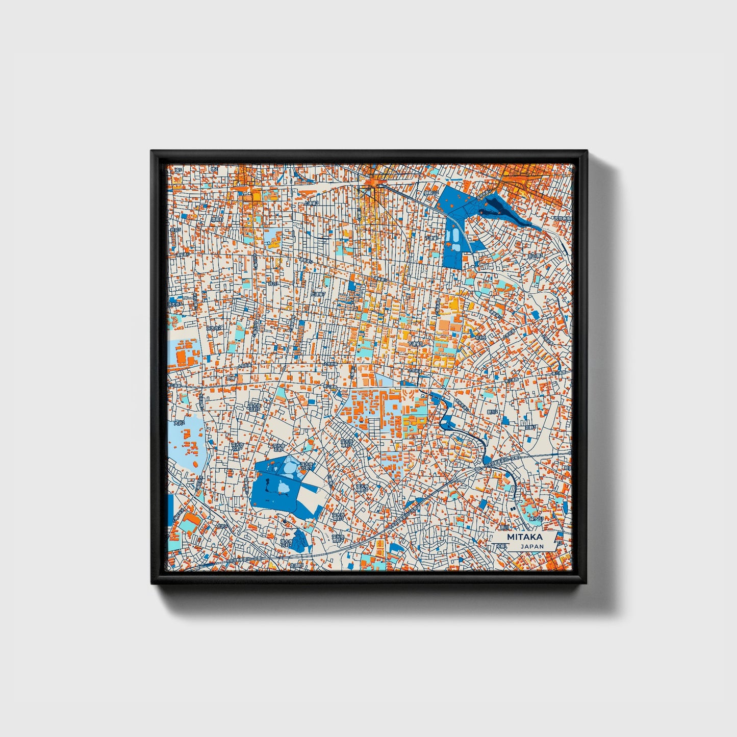 Mitaka Japan Colorful City Map Canvas Print • Black Framed